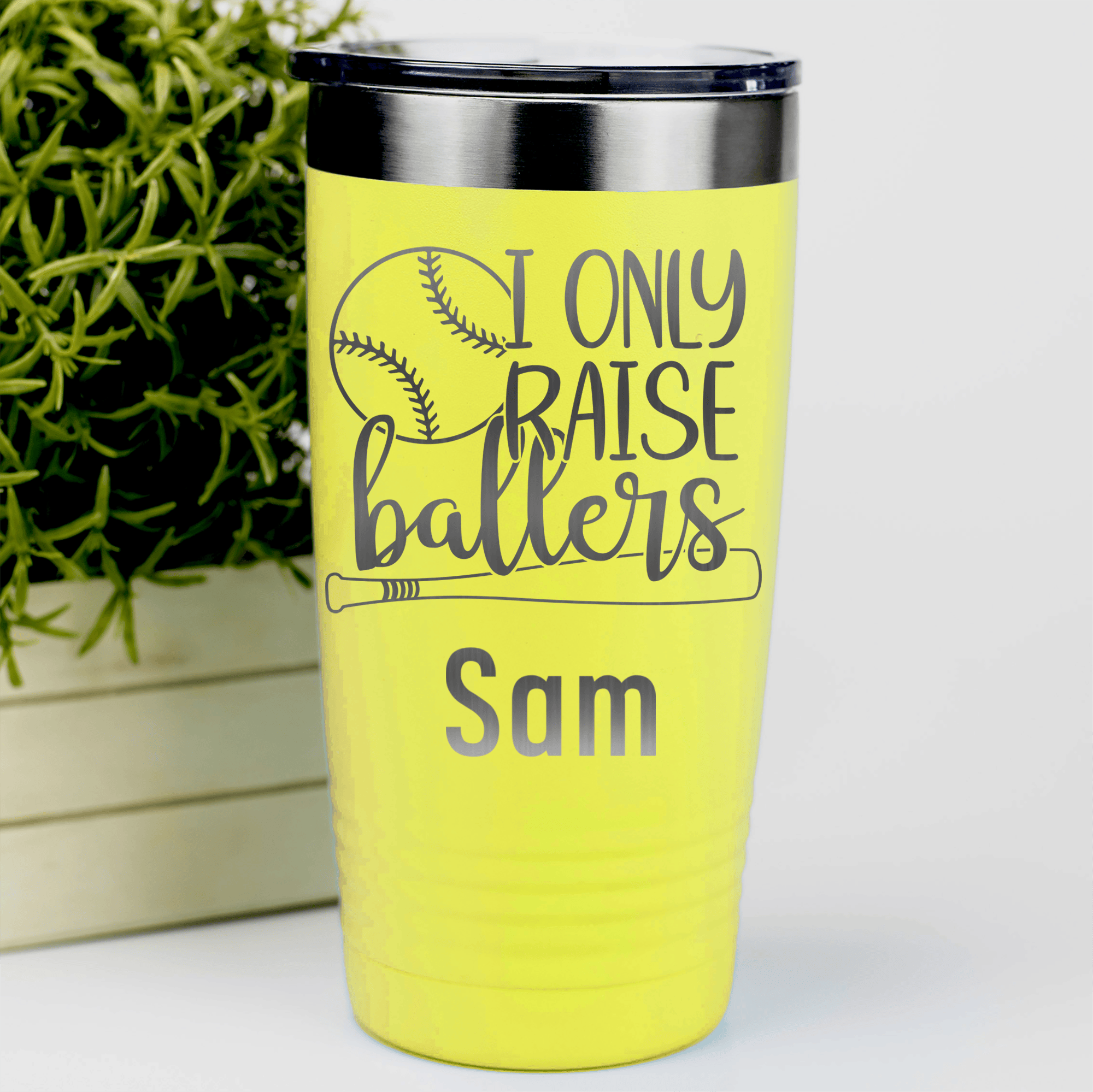 Yellow Baseball Mom Tumbler With I Only Raise Ballers Design