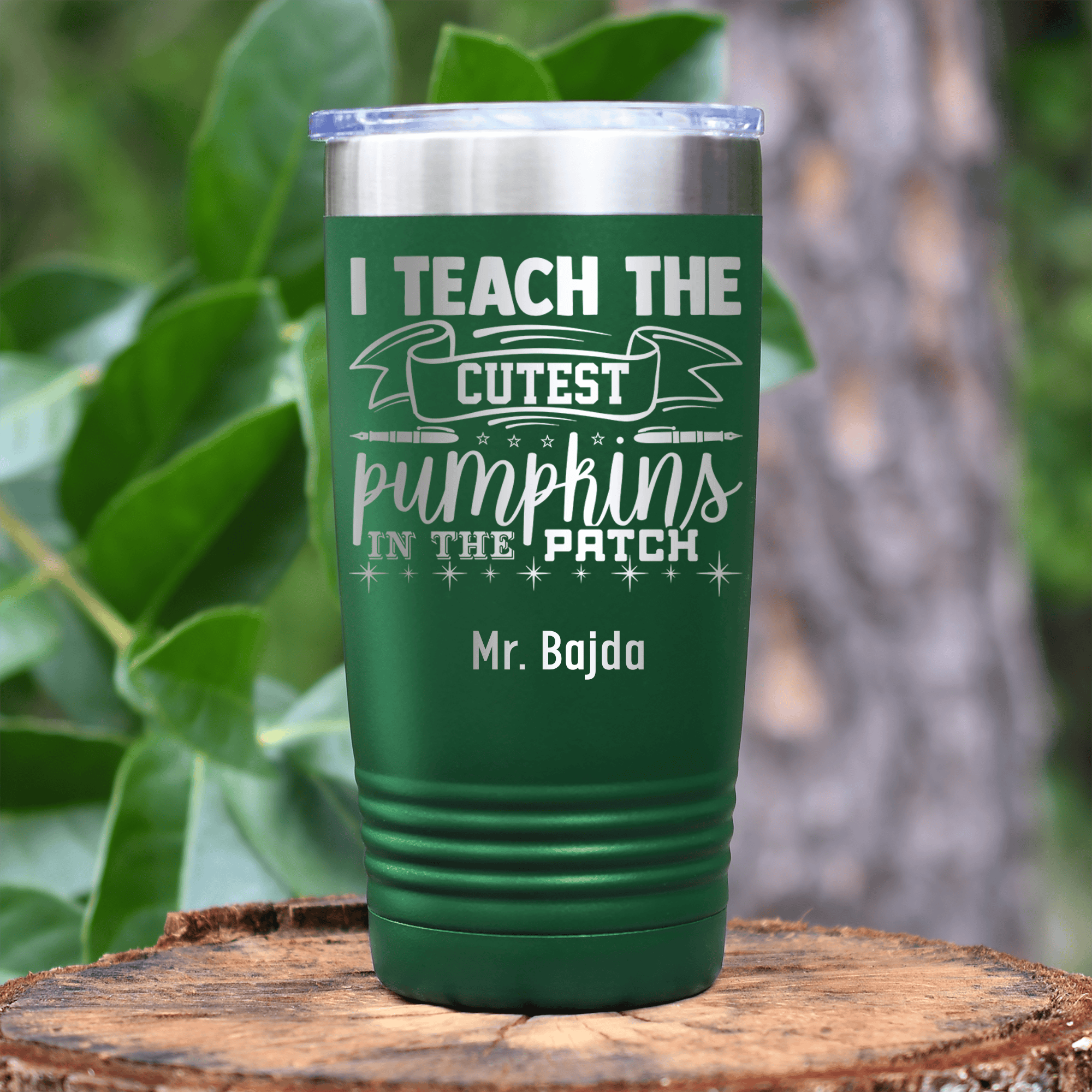 Green Teacher Tumbler With I Teach Cute Pumpkins Design