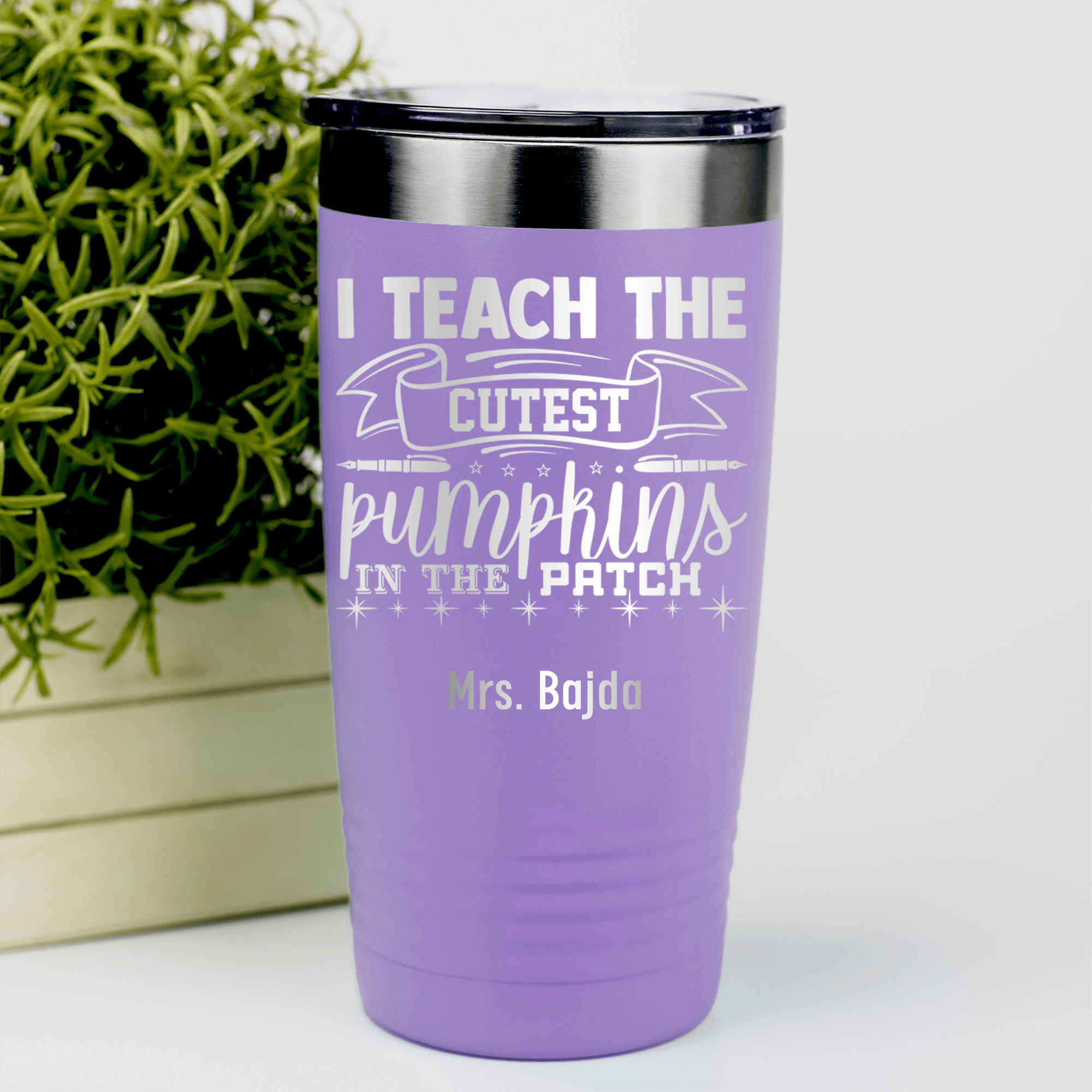Light Purple Teacher Tumbler With I Teach Cute Pumpkins Design