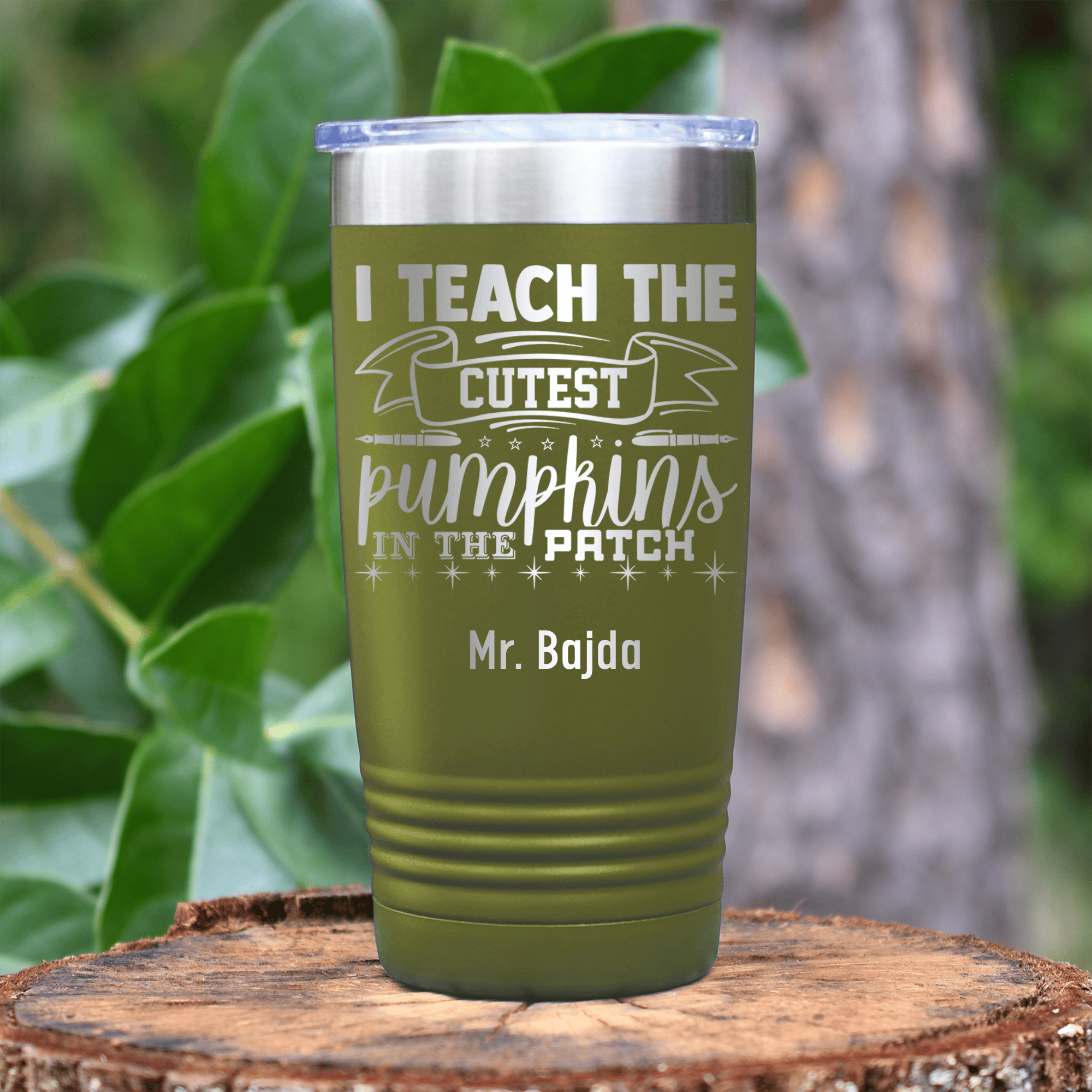 Military Green Teacher Tumbler With I Teach Cute Pumpkins Design
