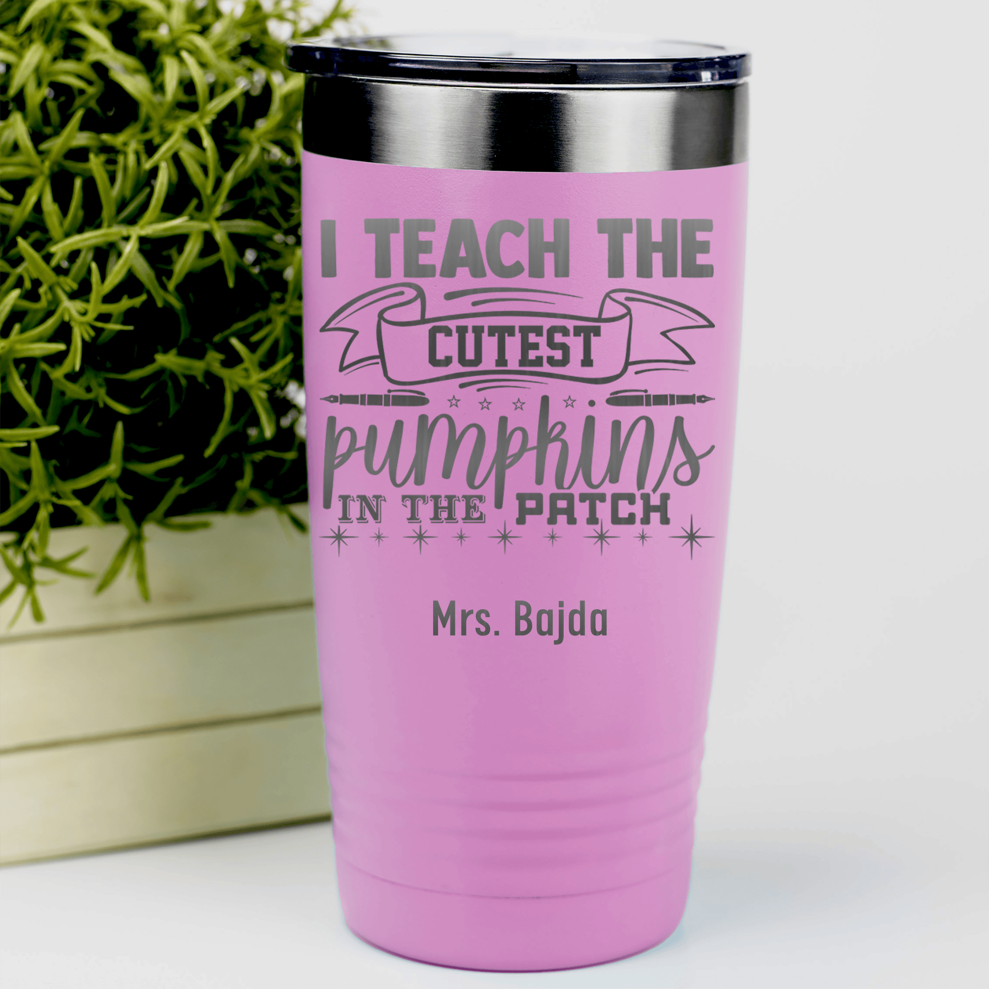 Pink Teacher Tumbler With I Teach Cute Pumpkins Design