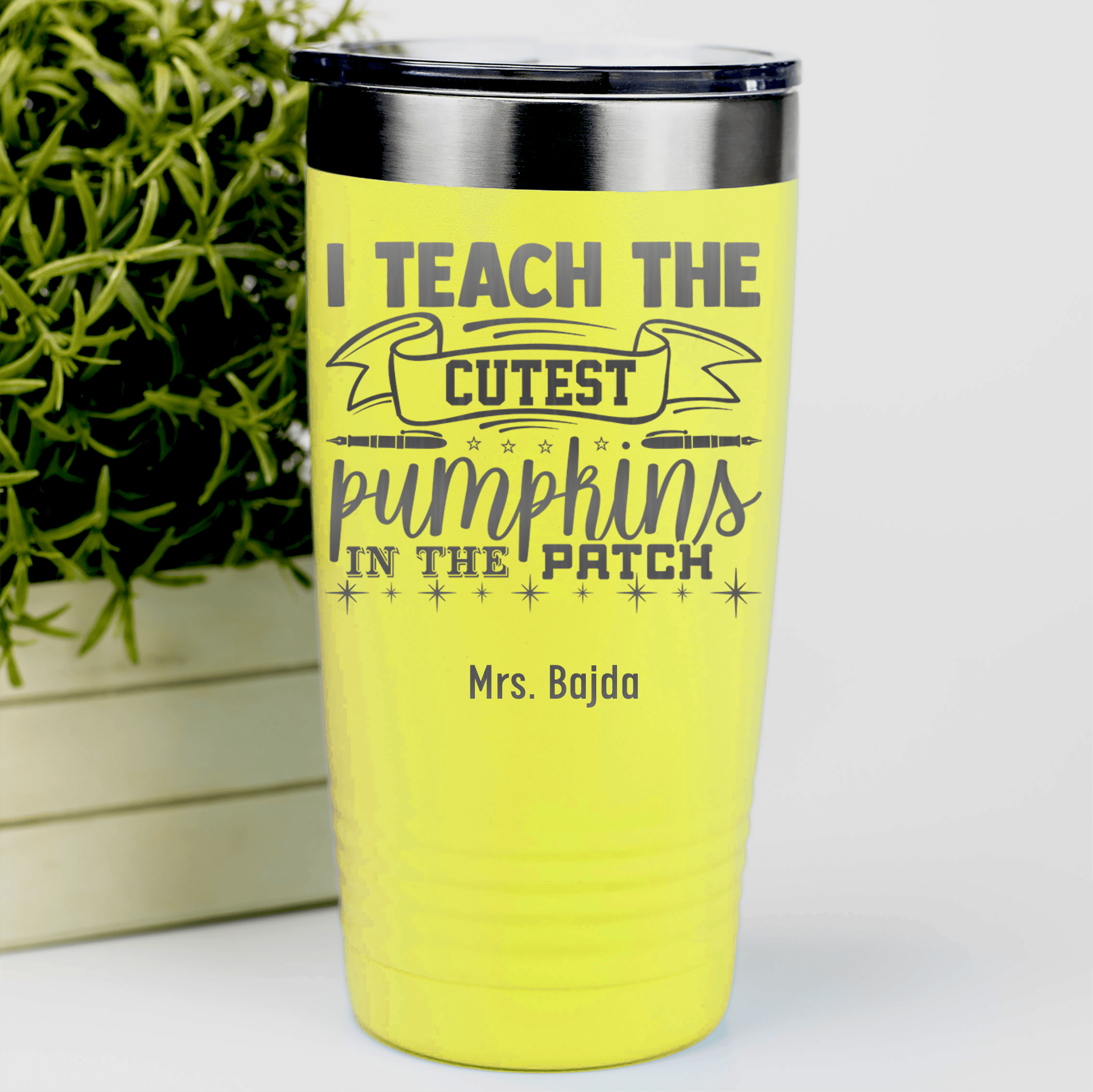 Yellow Teacher Tumbler With I Teach Cute Pumpkins Design