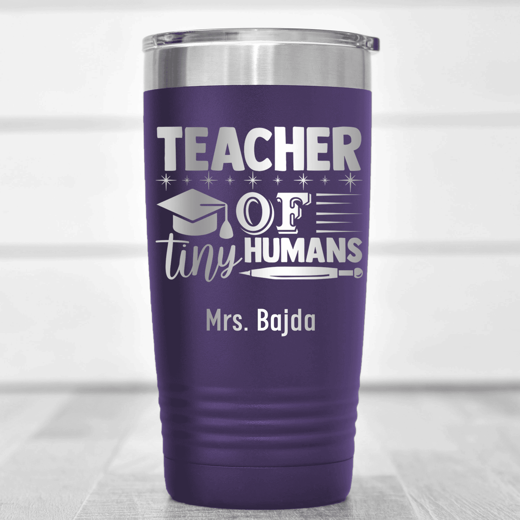 Purple Teacher Tumbler With I Teach Tiny Humans Design