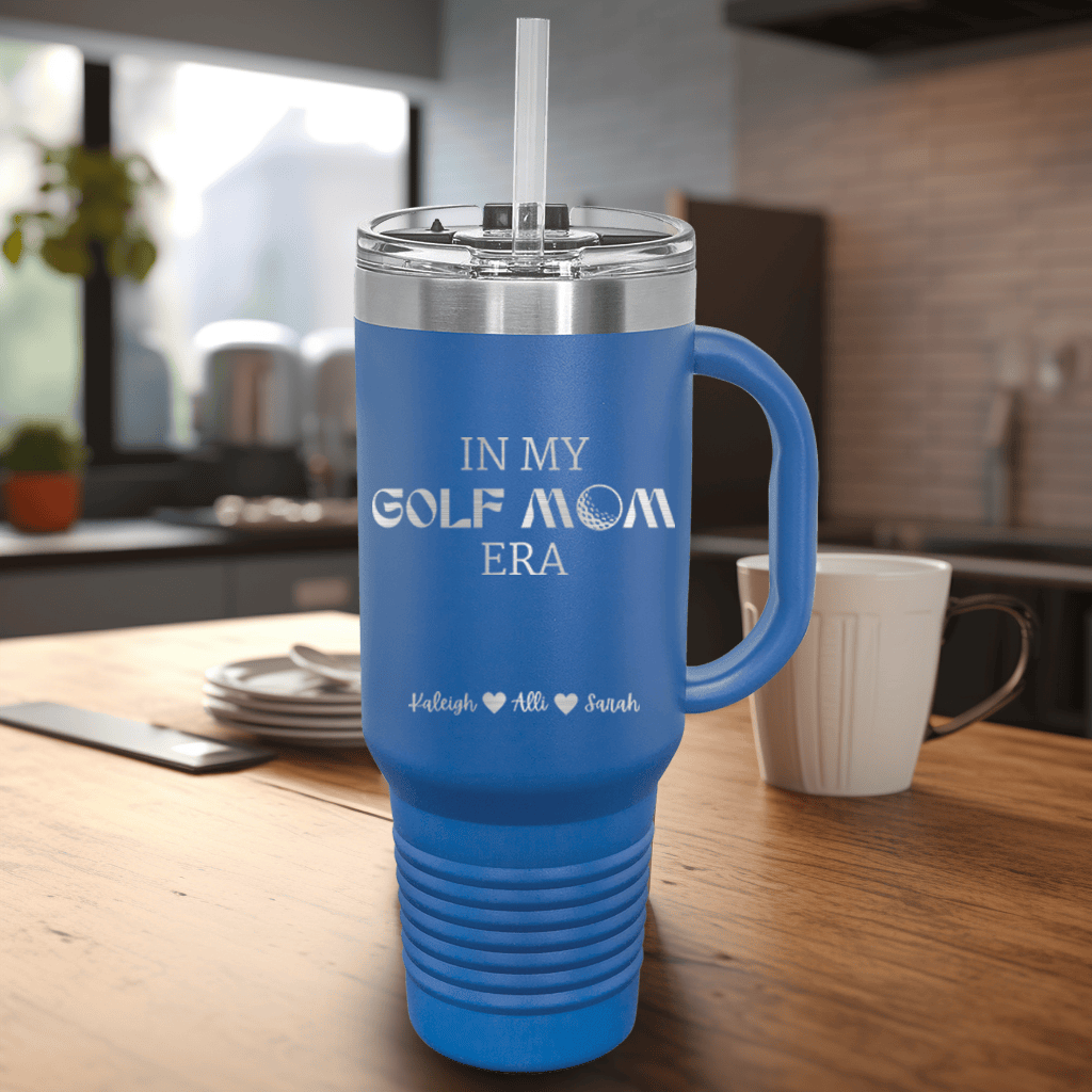 Blue Golf Mom Travel Mug With Handle With In My Golf Mom Era Design