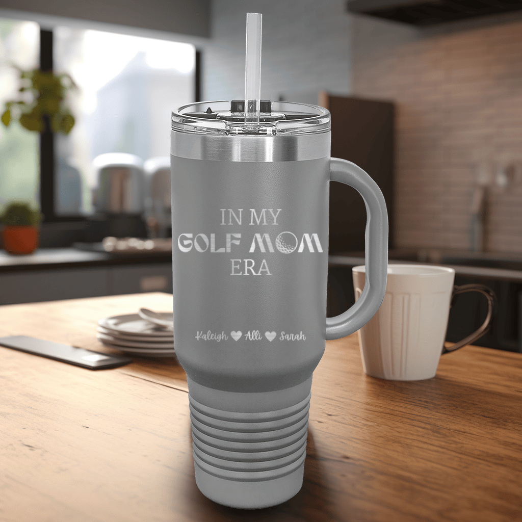 Grey Golf Mom Travel Mug With Handle With In My Golf Mom Era Design