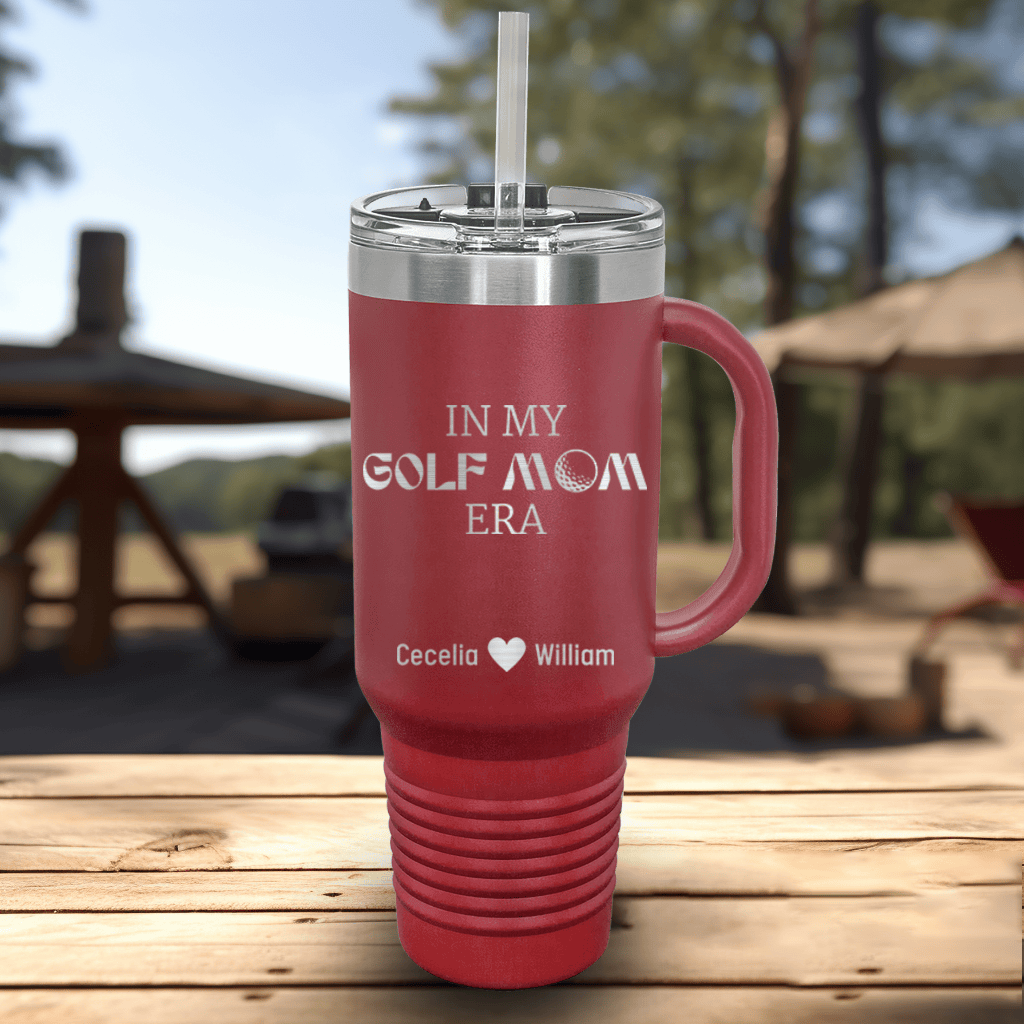 Maroon Golf Mom Travel Mug With Handle With In My Golf Mom Era Design