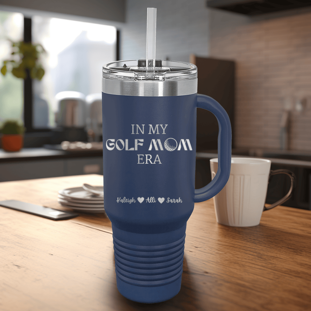 Navy Golf Mom Travel Mug With Handle With In My Golf Mom Era Design