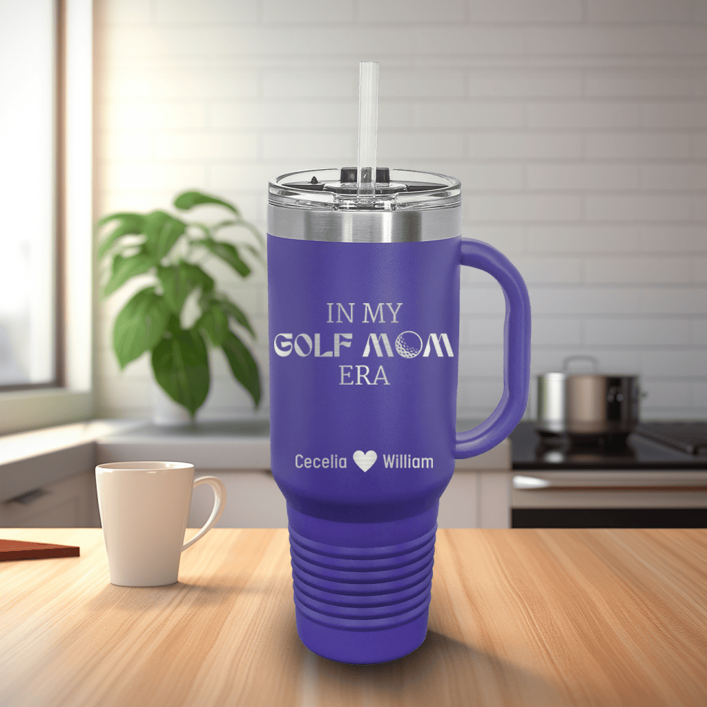 Purple Golf Mom Travel Mug With Handle With In My Golf Mom Era Design