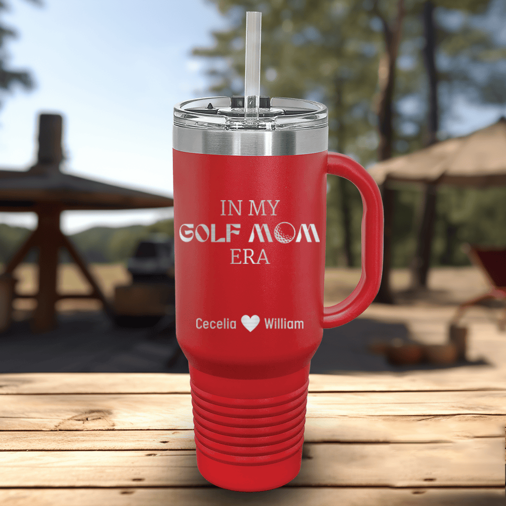 Red Golf Mom Travel Mug With Handle With In My Golf Mom Era Design