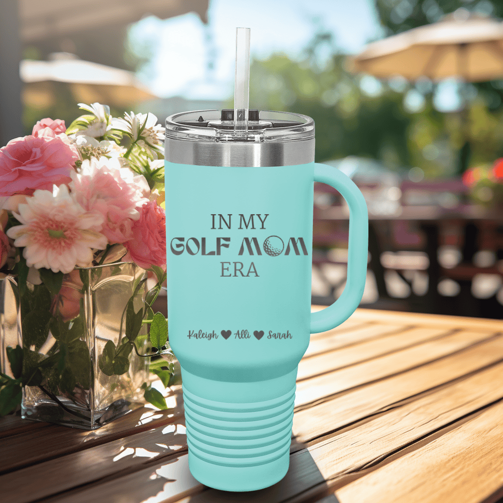 Teal Golf Mom Travel Mug With Handle With In My Golf Mom Era Design