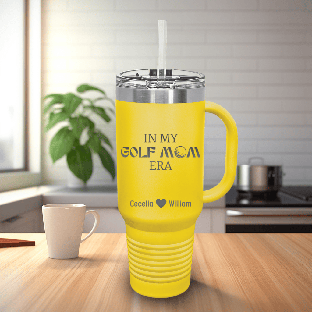 Yellow Golf Mom Travel Mug With Handle With In My Golf Mom Era Design