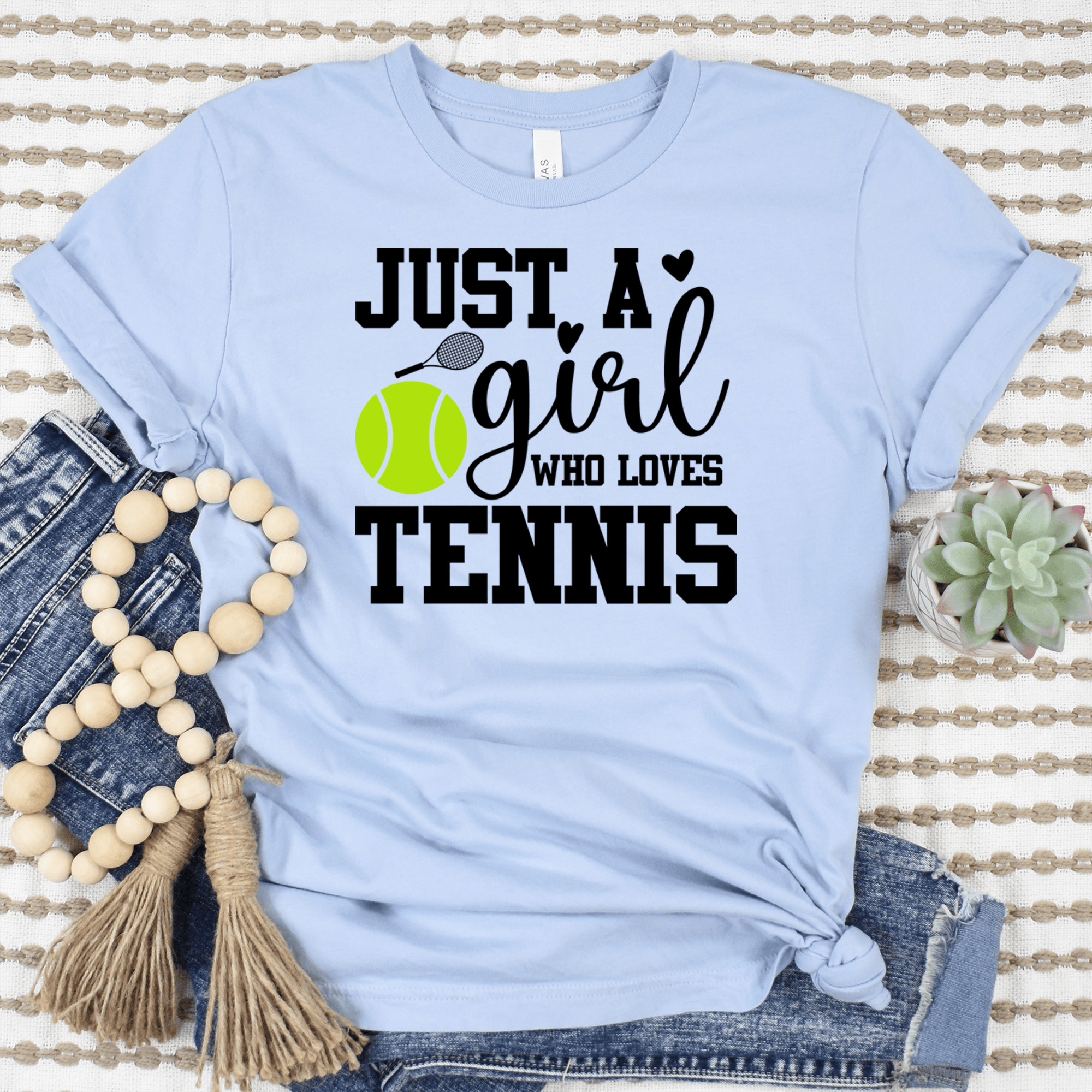 Womens Light Blue T Shirt with Just-A-Girl-Loving-Tennis design