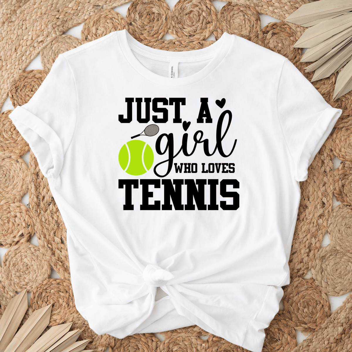 Womens White T Shirt with Just-A-Girl-Loving-Tennis design