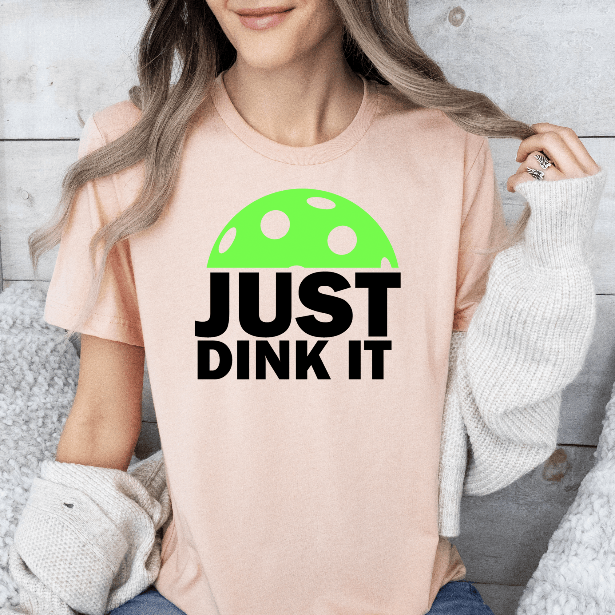 Womens Heather Peach T Shirt with Just-Dink-It design