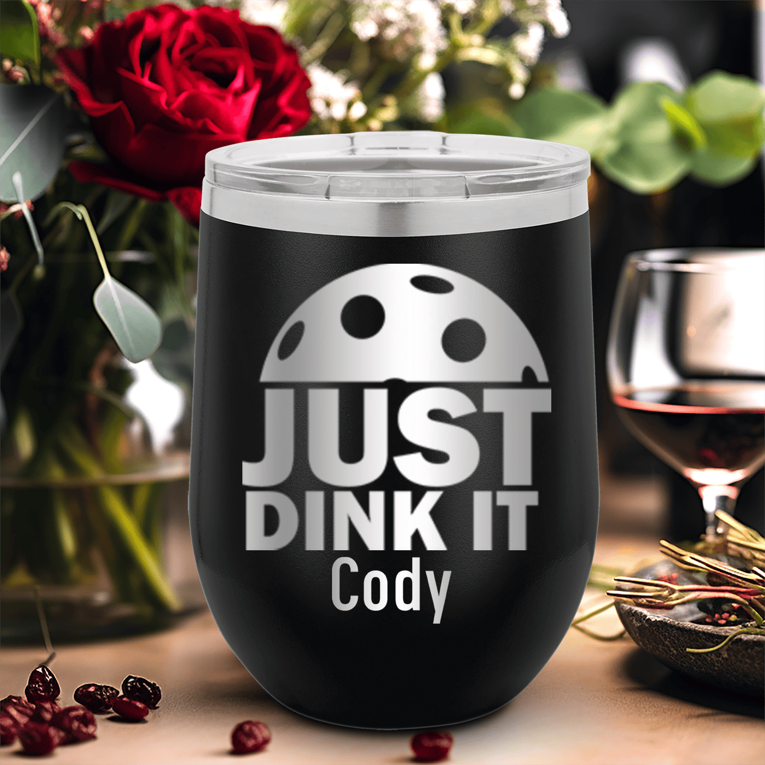 Black Pickleball Wine Tumbler With Just Dink It Design