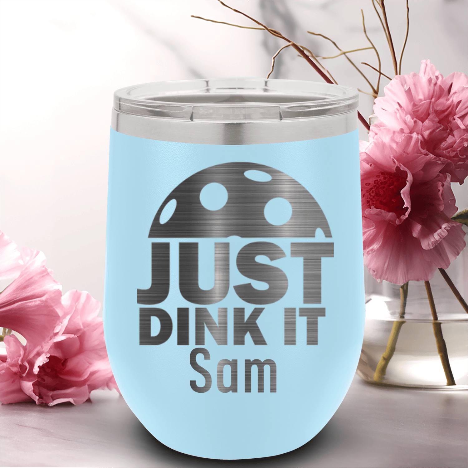 Light Blue Pickleball Wine Tumbler With Just Dink It Design