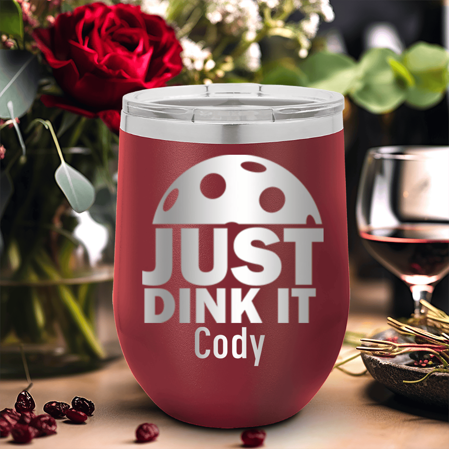 Maroon Pickleball Wine Tumbler With Just Dink It Design