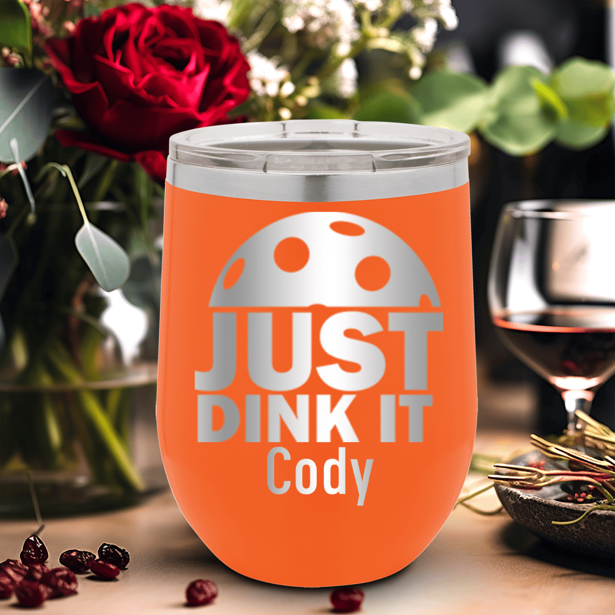 Orange Pickleball Wine Tumbler With Just Dink It Design