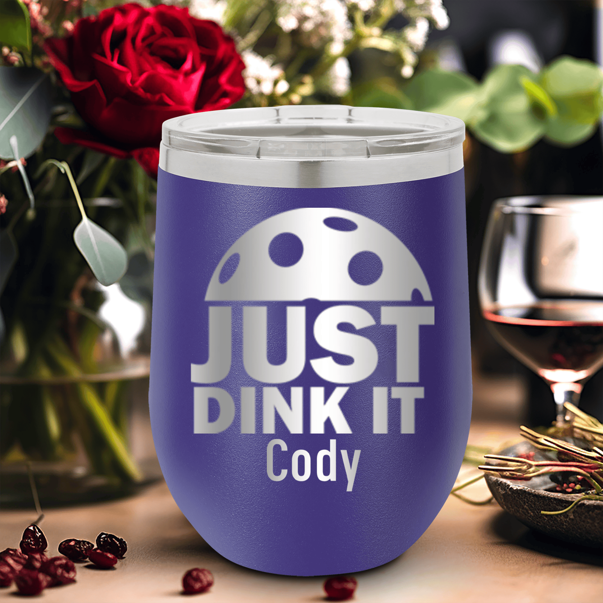 Purple Pickleball Wine Tumbler With Just Dink It Design