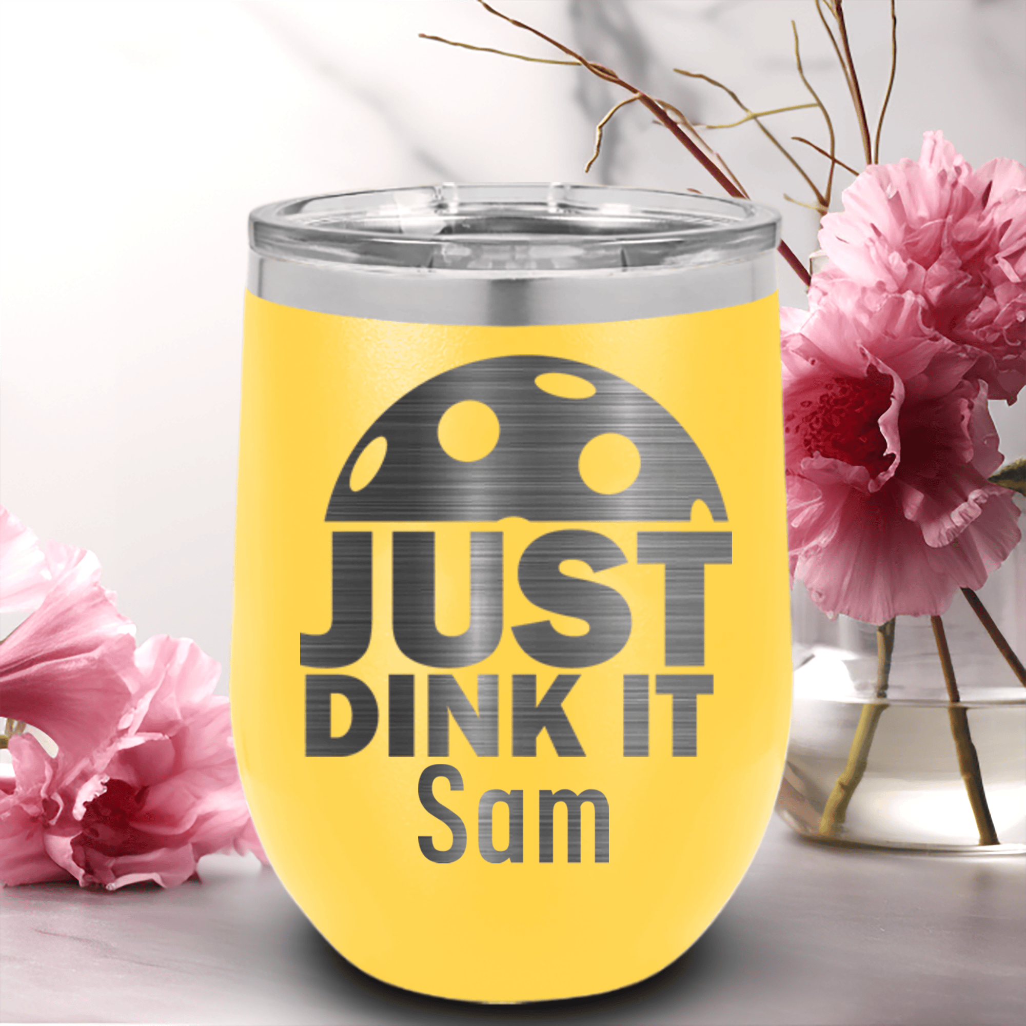 Yellow Pickleball Wine Tumbler With Just Dink It Design