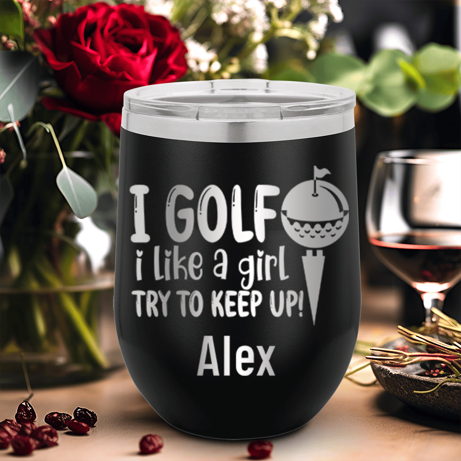 Black Golf Gifts For Her Wine Tumbler With Keep Up With The Ladies Design