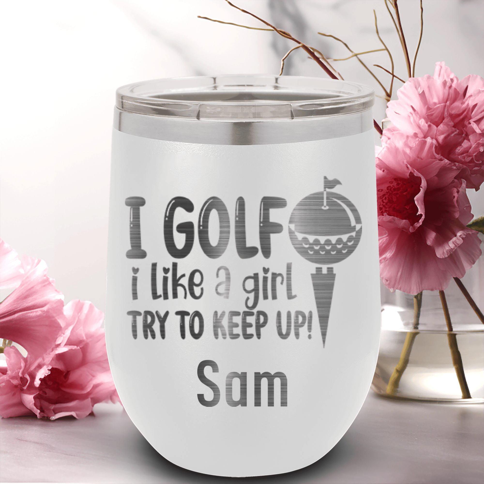 White Golf Gifts For Her Wine Tumbler With Keep Up With The Ladies Design