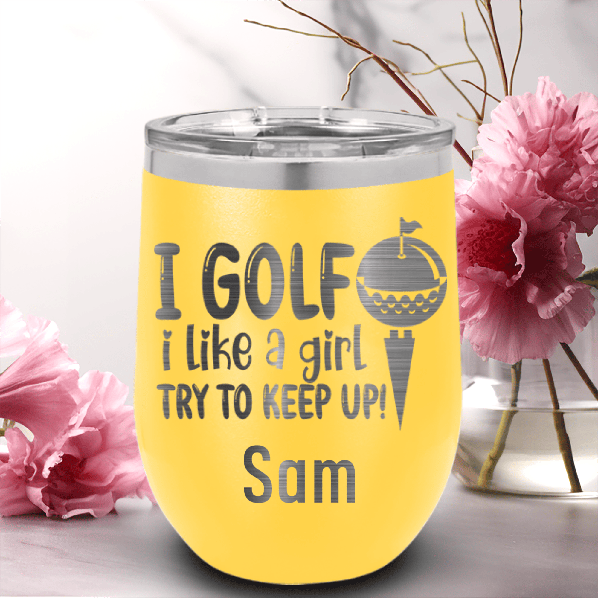 Yellow Golf Gifts For Her Wine Tumbler With Keep Up With The Ladies Design