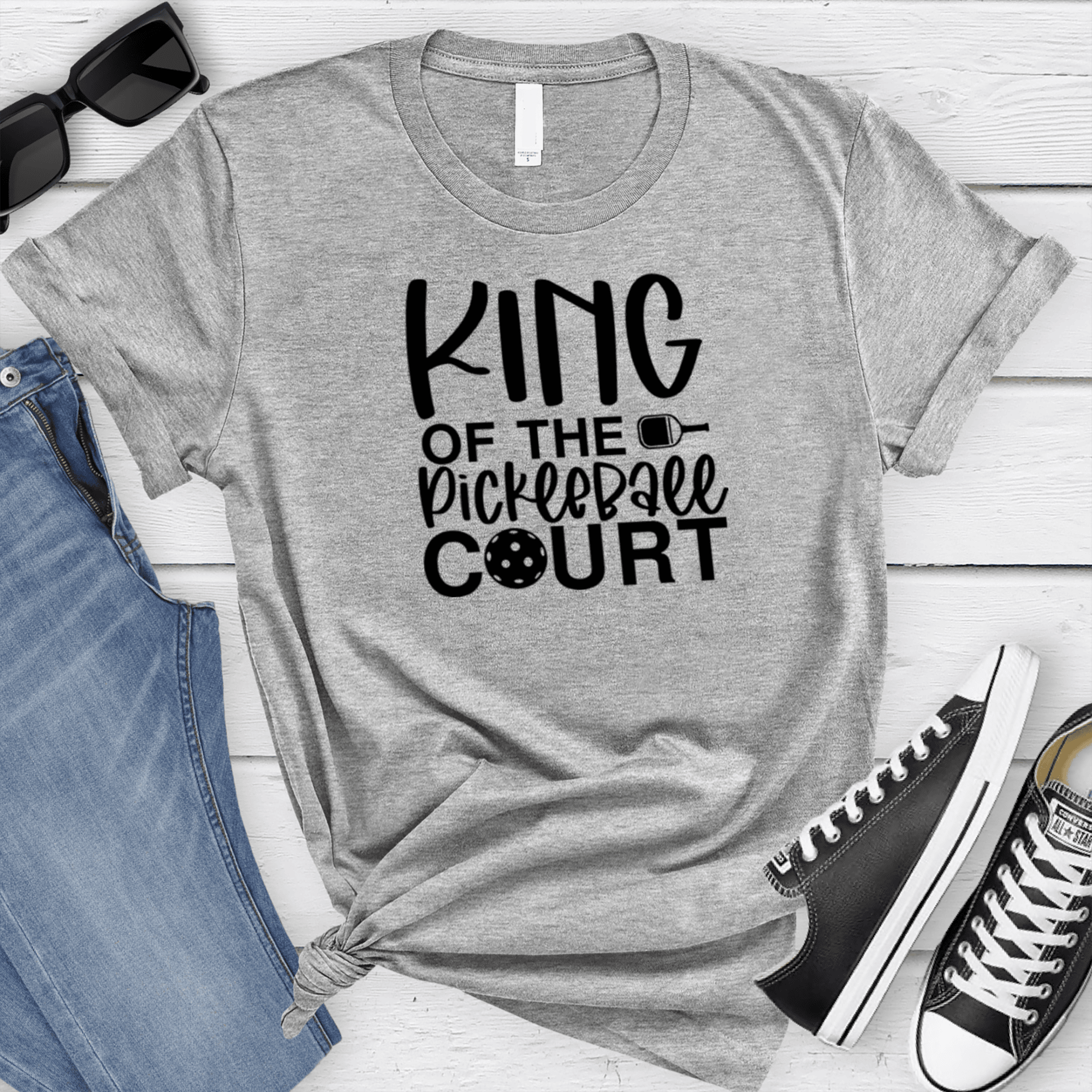 Womens Grey T Shirt with King-Of-The-Pickleball-Court design