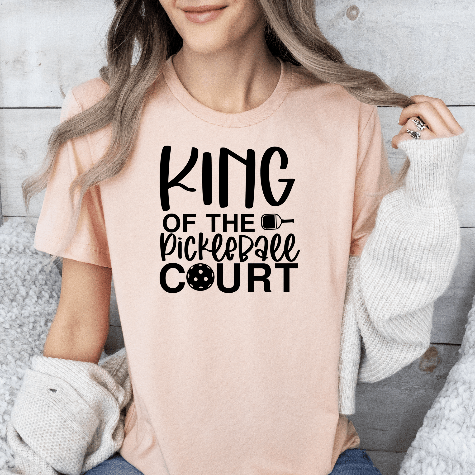Womens Heather Peach T Shirt with King-Of-The-Pickleball-Court design