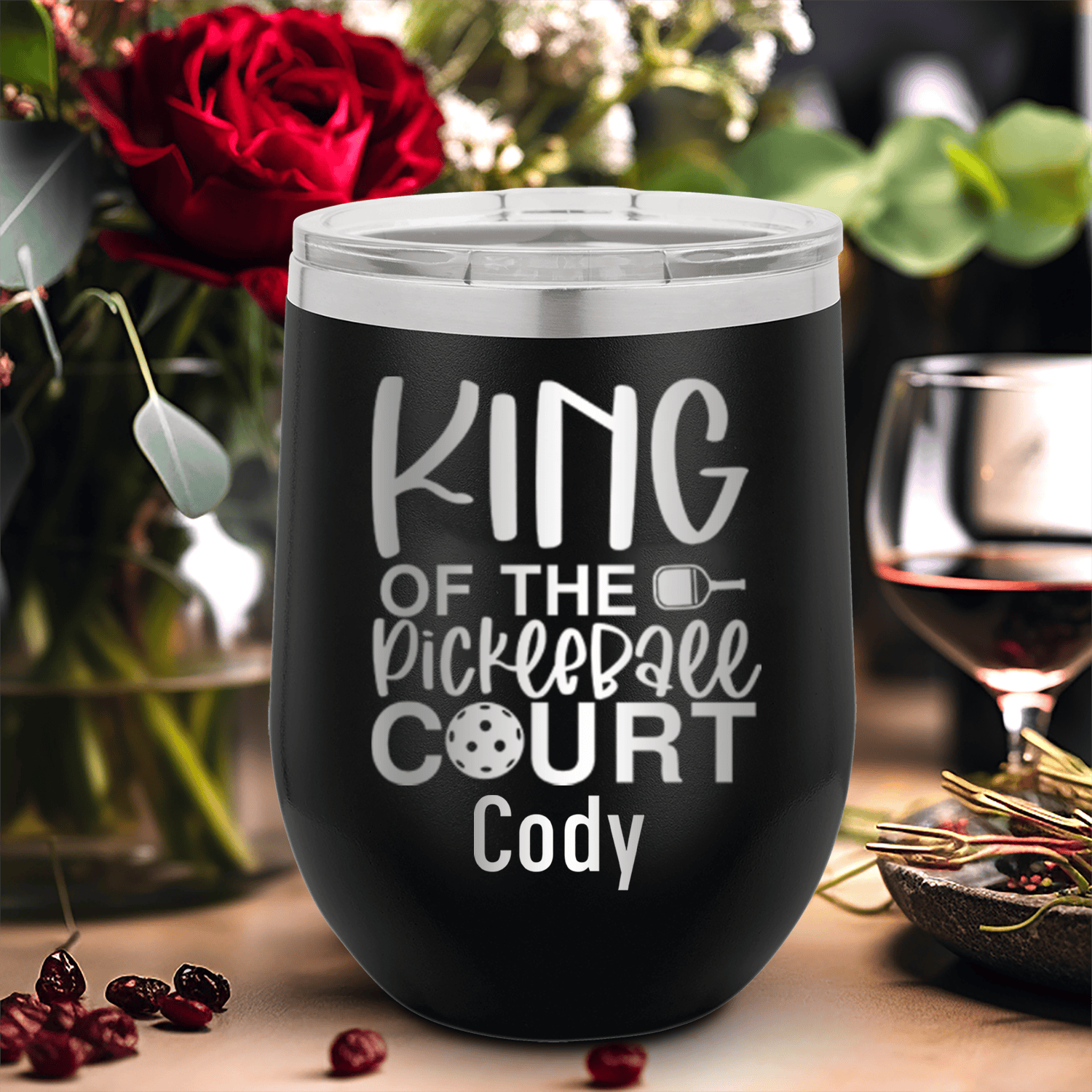 Black Pickleball Wine Tumbler With King Of The Pickleball Court Design