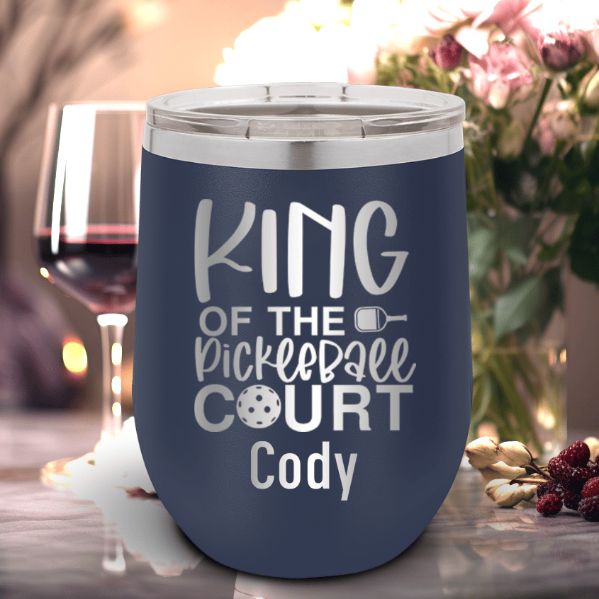 Navy Pickleball Wine Tumbler With King Of The Pickleball Court Design