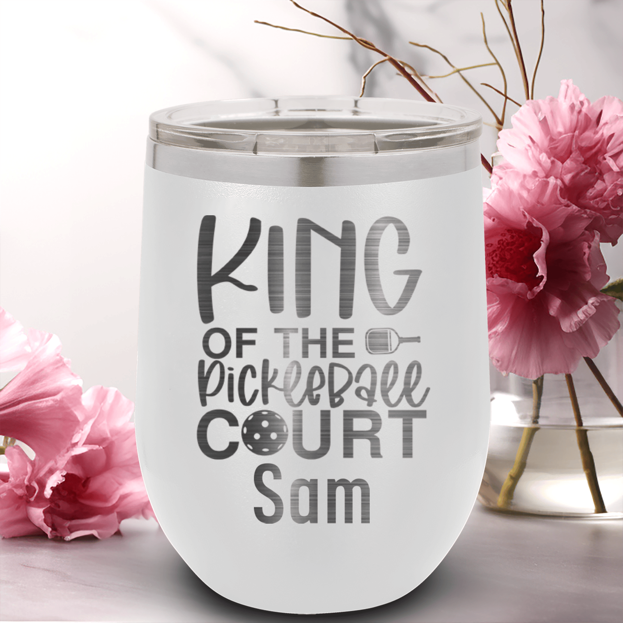 White Pickleball Wine Tumbler With King Of The Pickleball Court Design