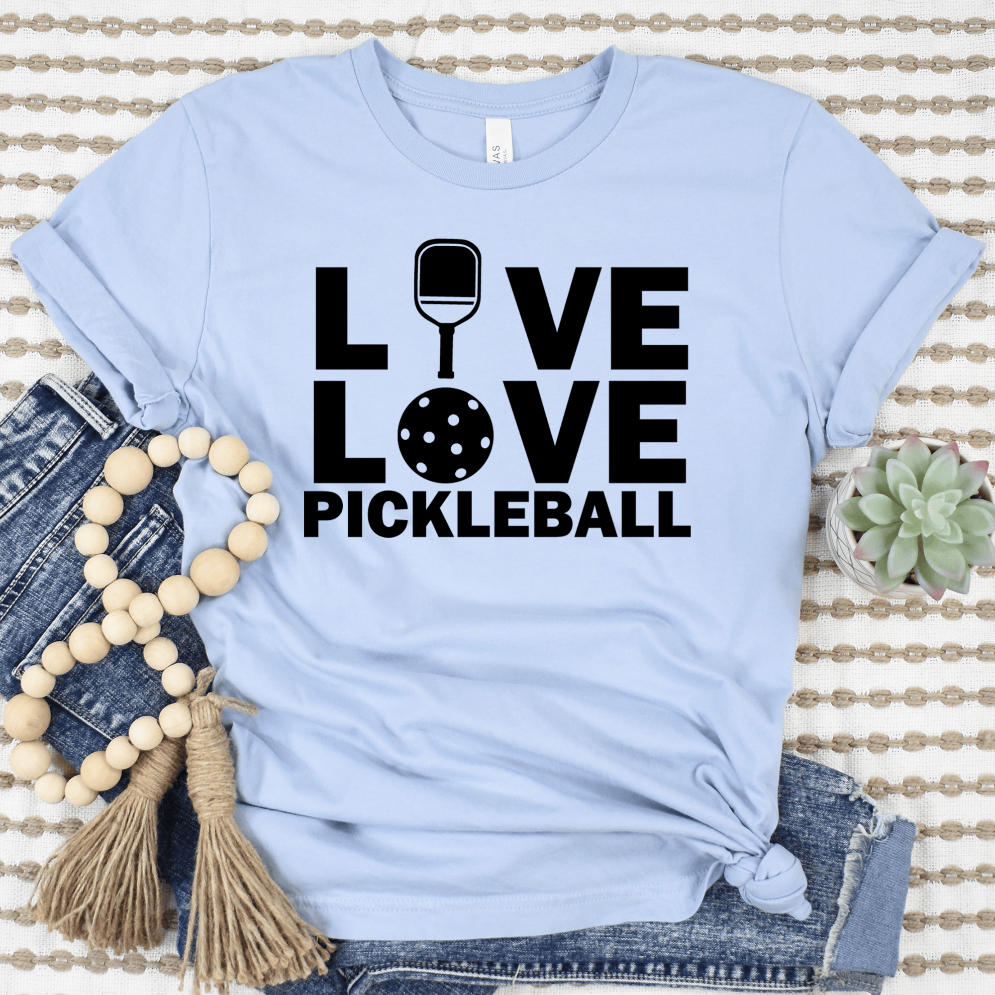 Womens Light Blue T Shirt with Live-Love-Pickle design