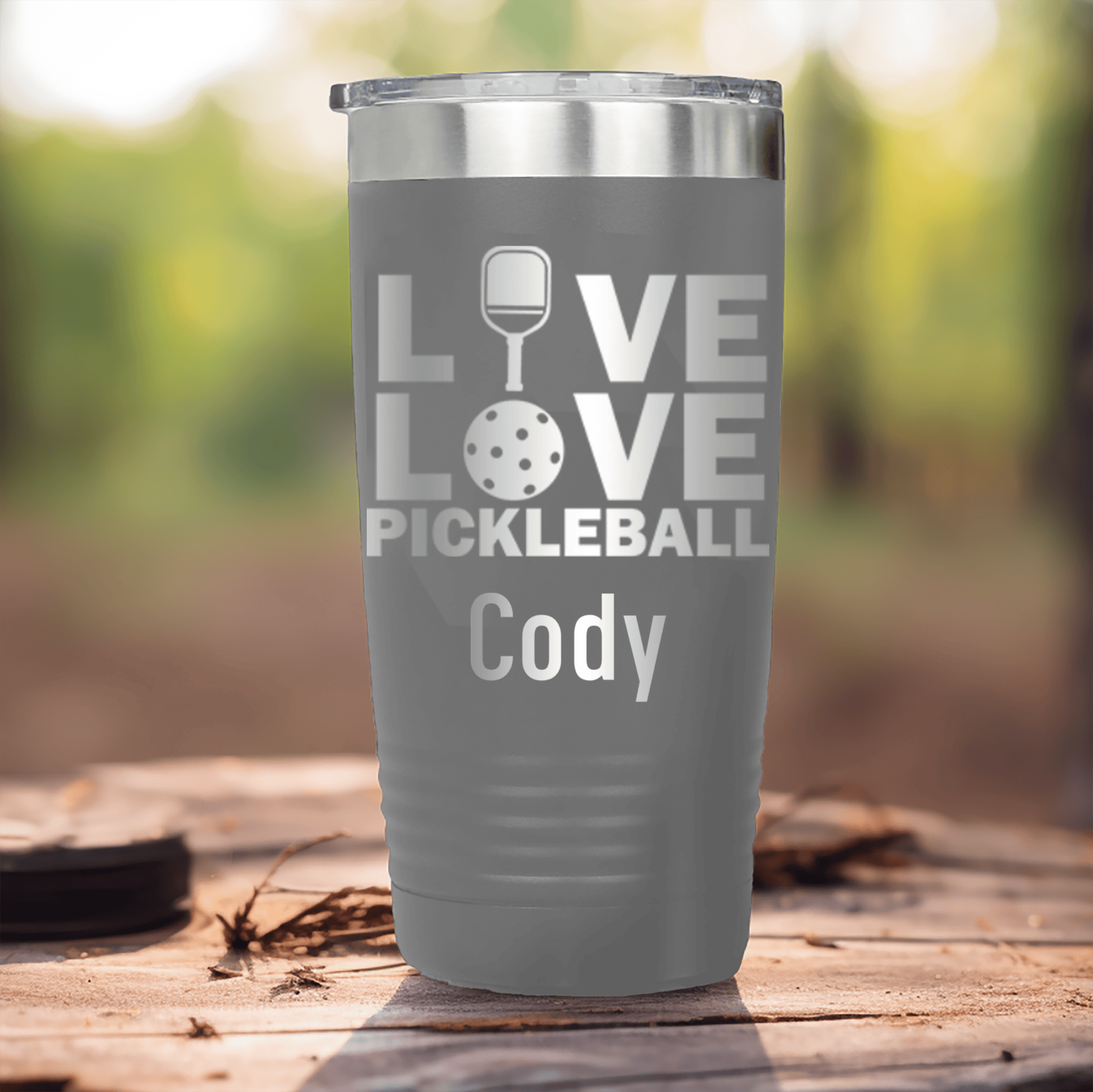 Grey Pickleball Tumbler With Live Love Pickle Design