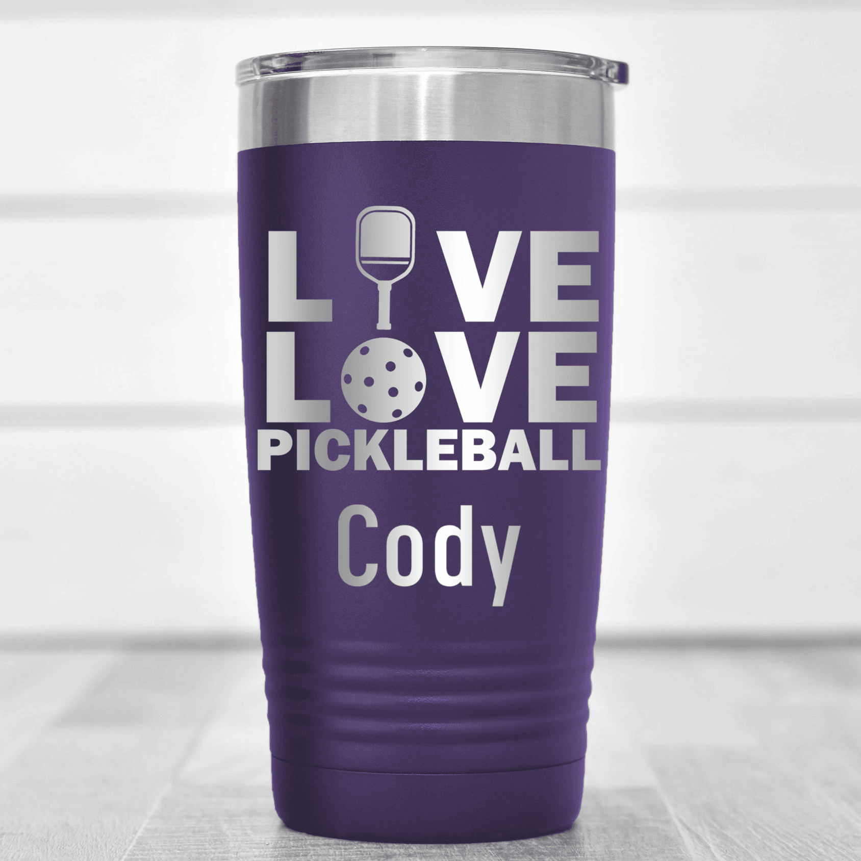 Purple Pickleball Tumbler With Live Love Pickle Design