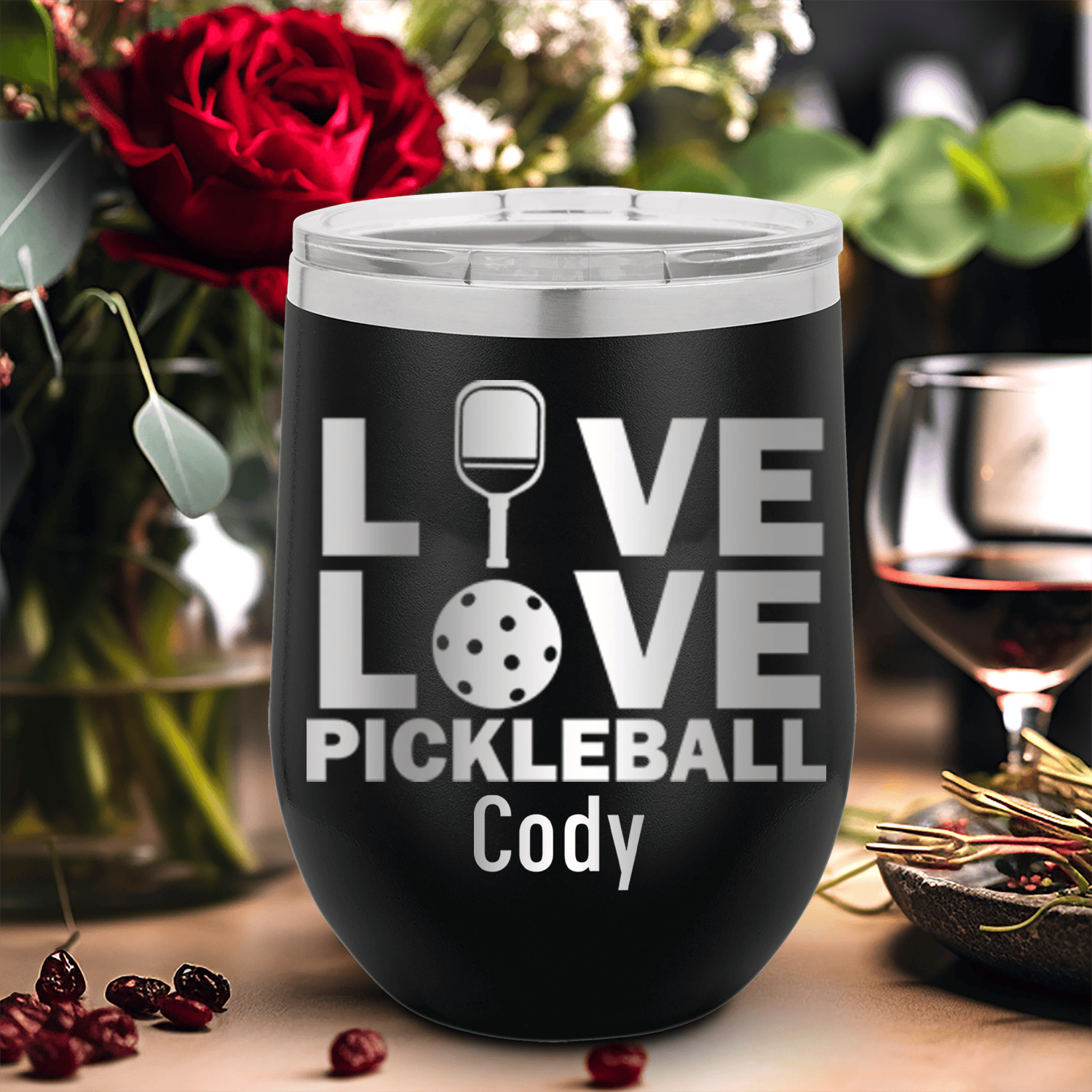 Black Pickleball Wine Tumbler With Live Love Pickle Design