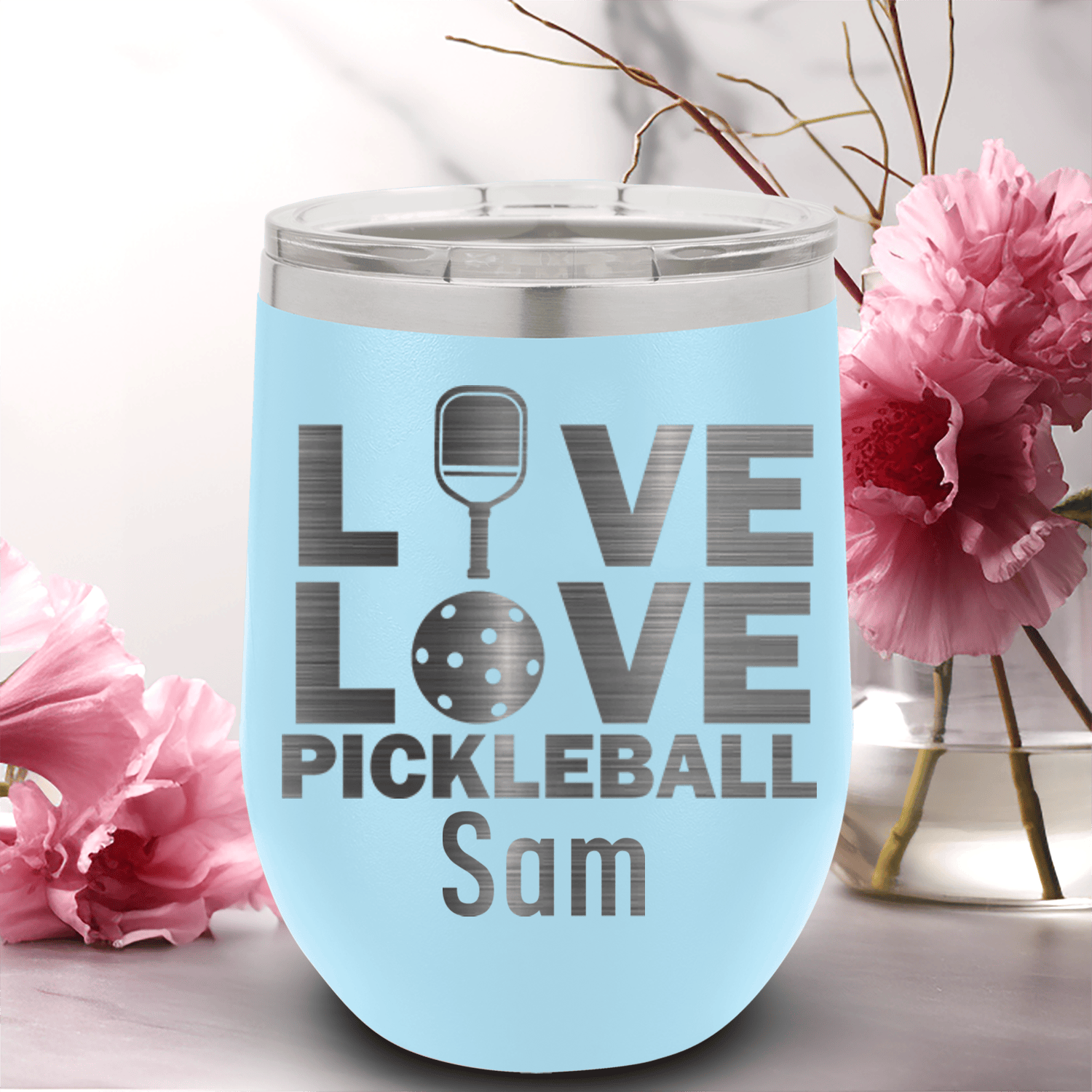 Light Blue Pickleball Wine Tumbler With Live Love Pickle Design