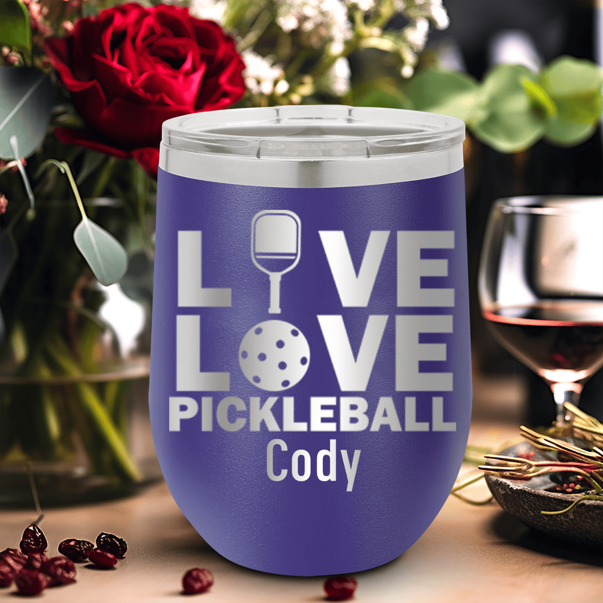 Purple Pickleball Wine Tumbler With Live Love Pickle Design