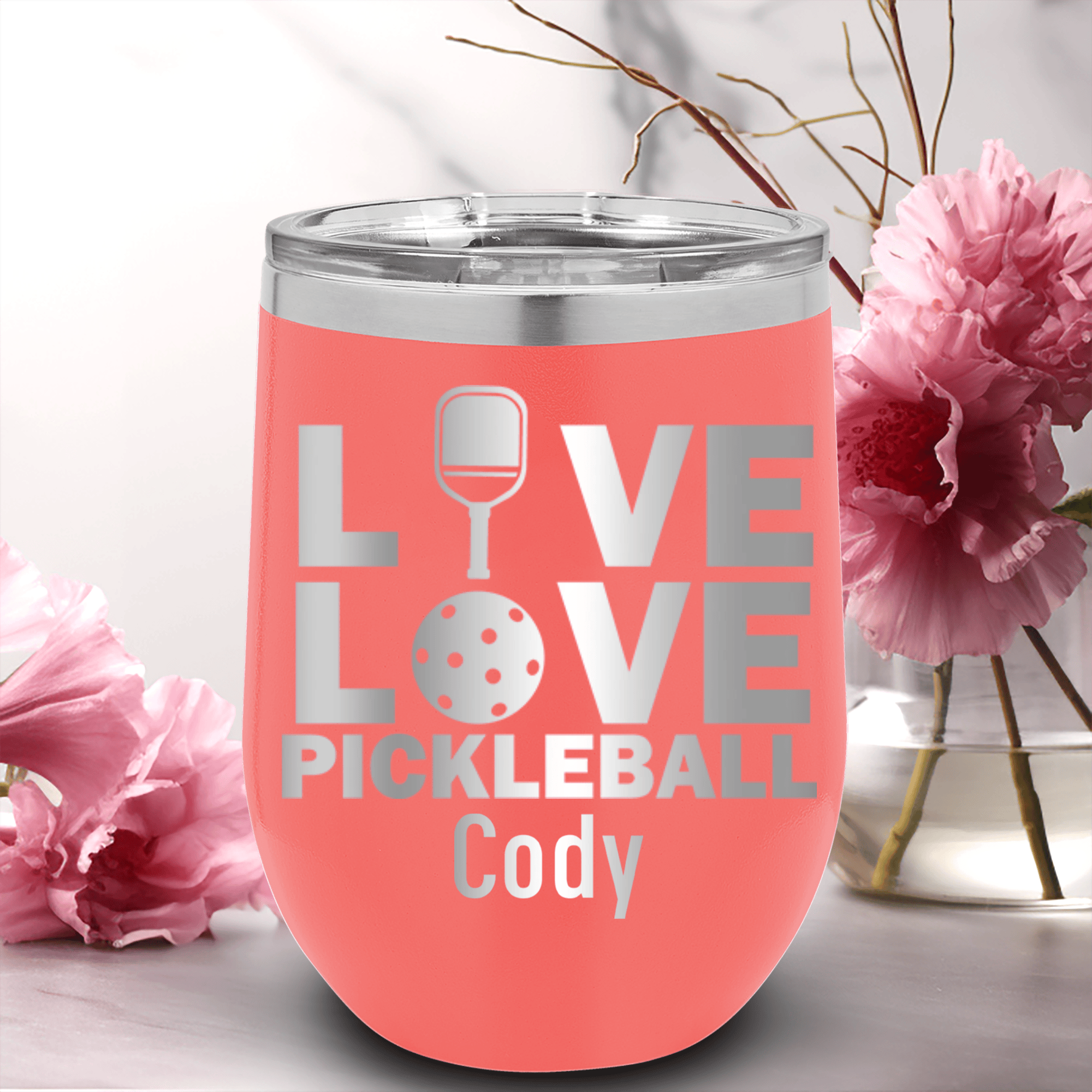 Salmon Pickleball Wine Tumbler With Live Love Pickle Design