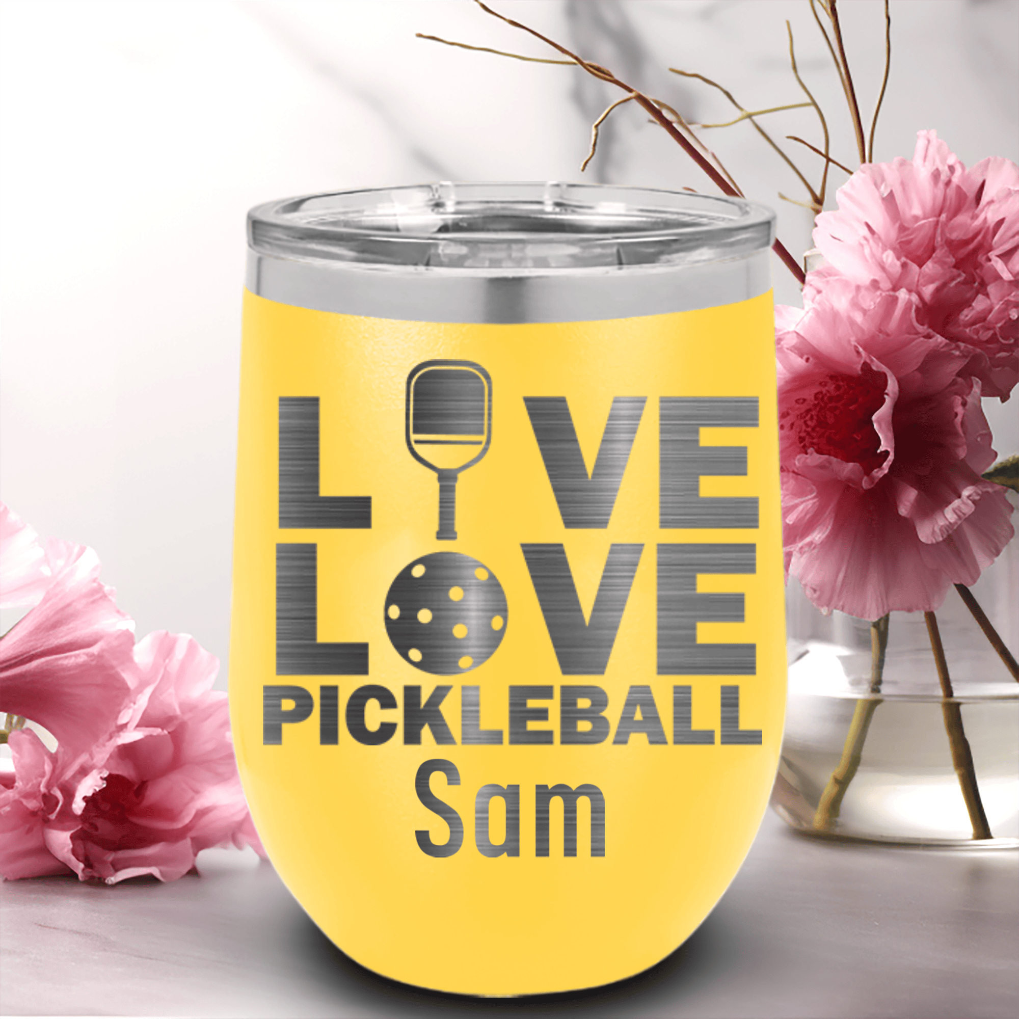 Yellow Pickleball Wine Tumbler With Live Love Pickle Design