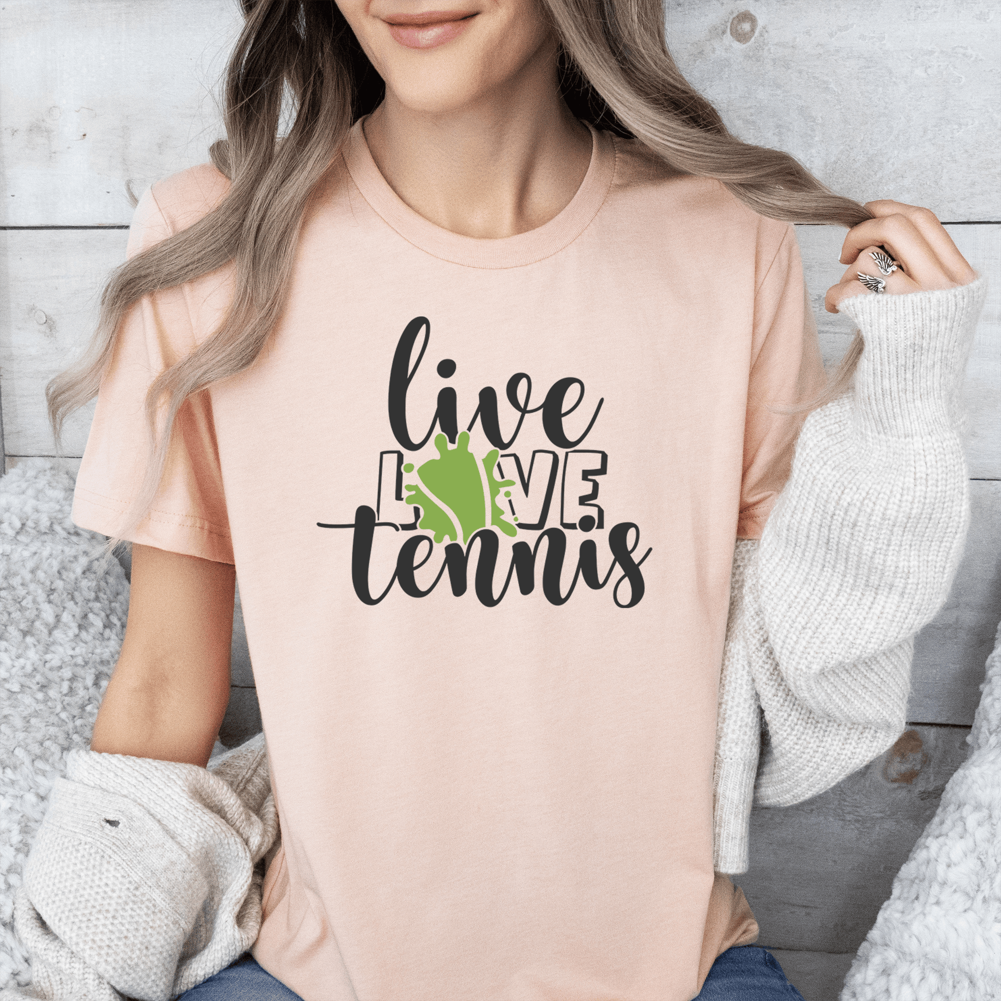 Womens Heather Peach T Shirt with Live-Love-Tennis design