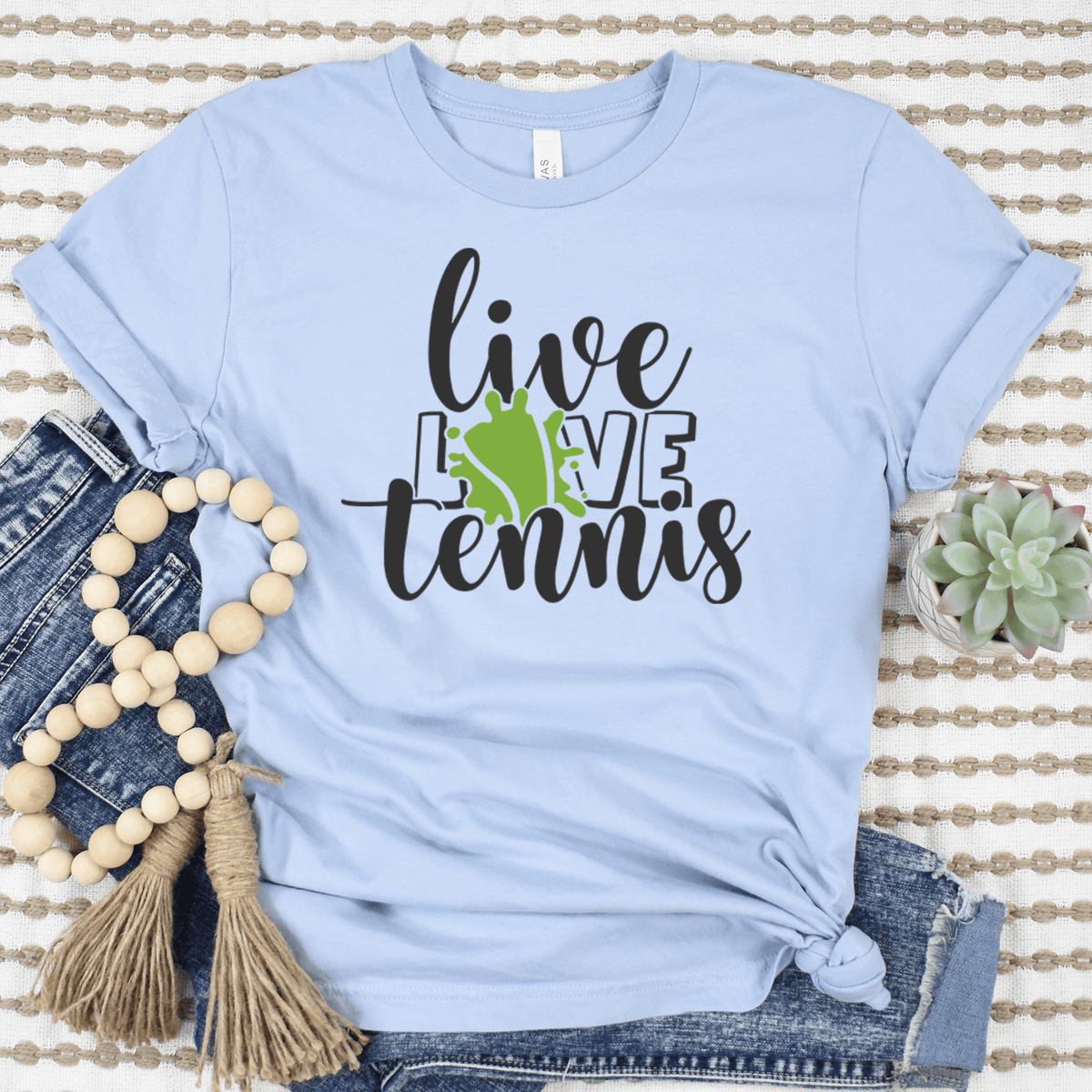 Womens Light Blue T Shirt with Live-Love-Tennis design