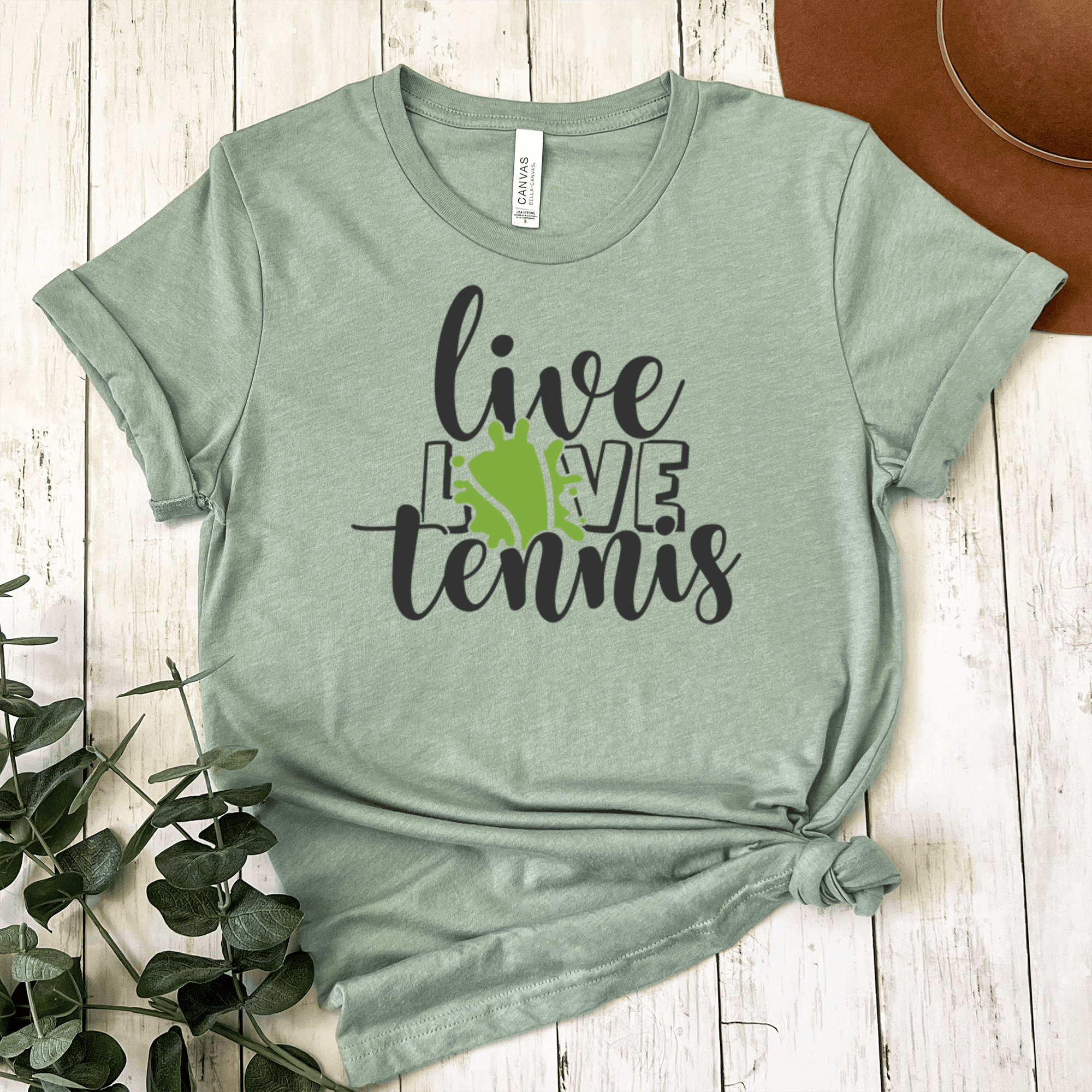 Womens Light Green T Shirt with Live-Love-Tennis design