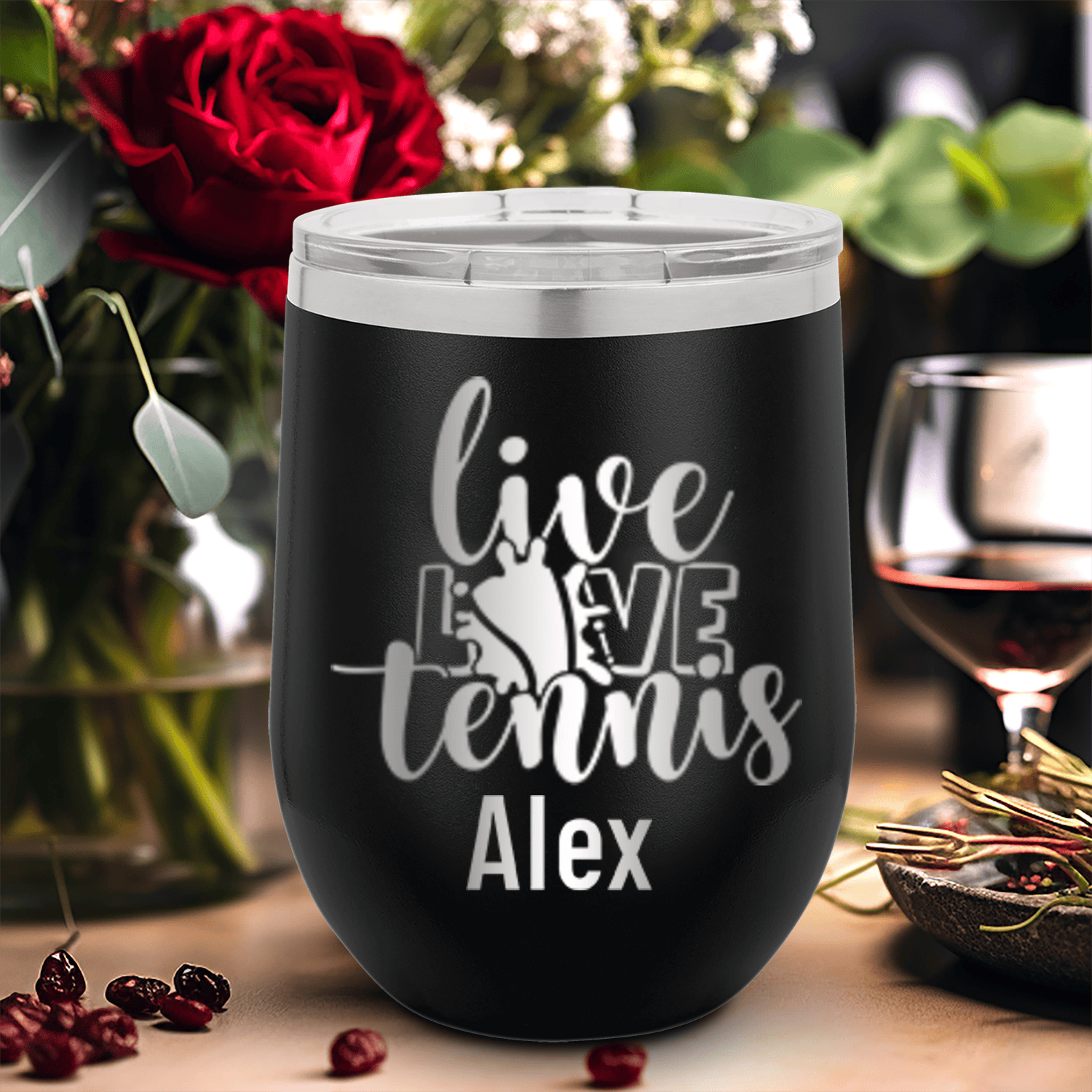 Black Tennis For Her Wine Tumbler With Live Love Tennis Design