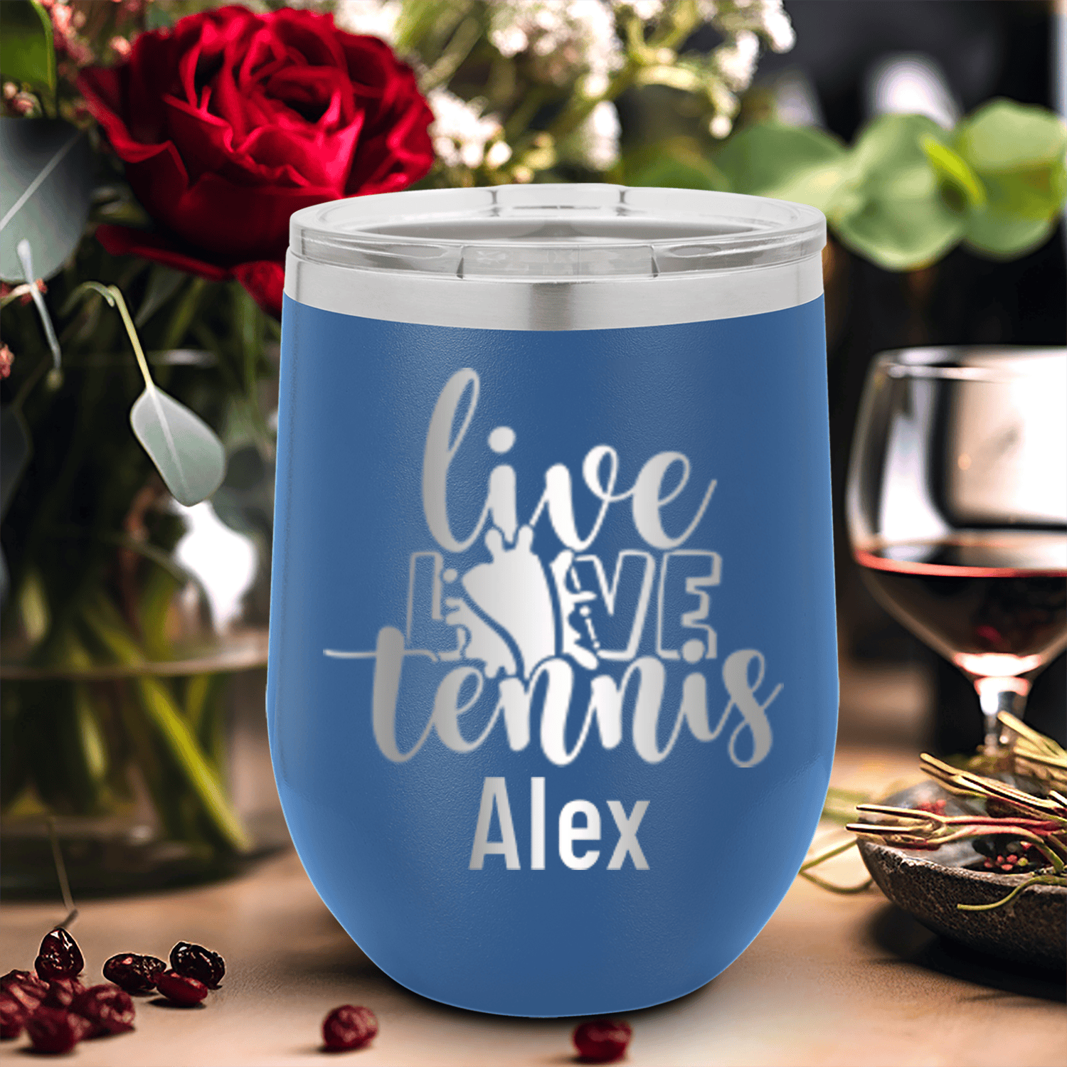 Blue Tennis For Her Wine Tumbler With Live Love Tennis Design