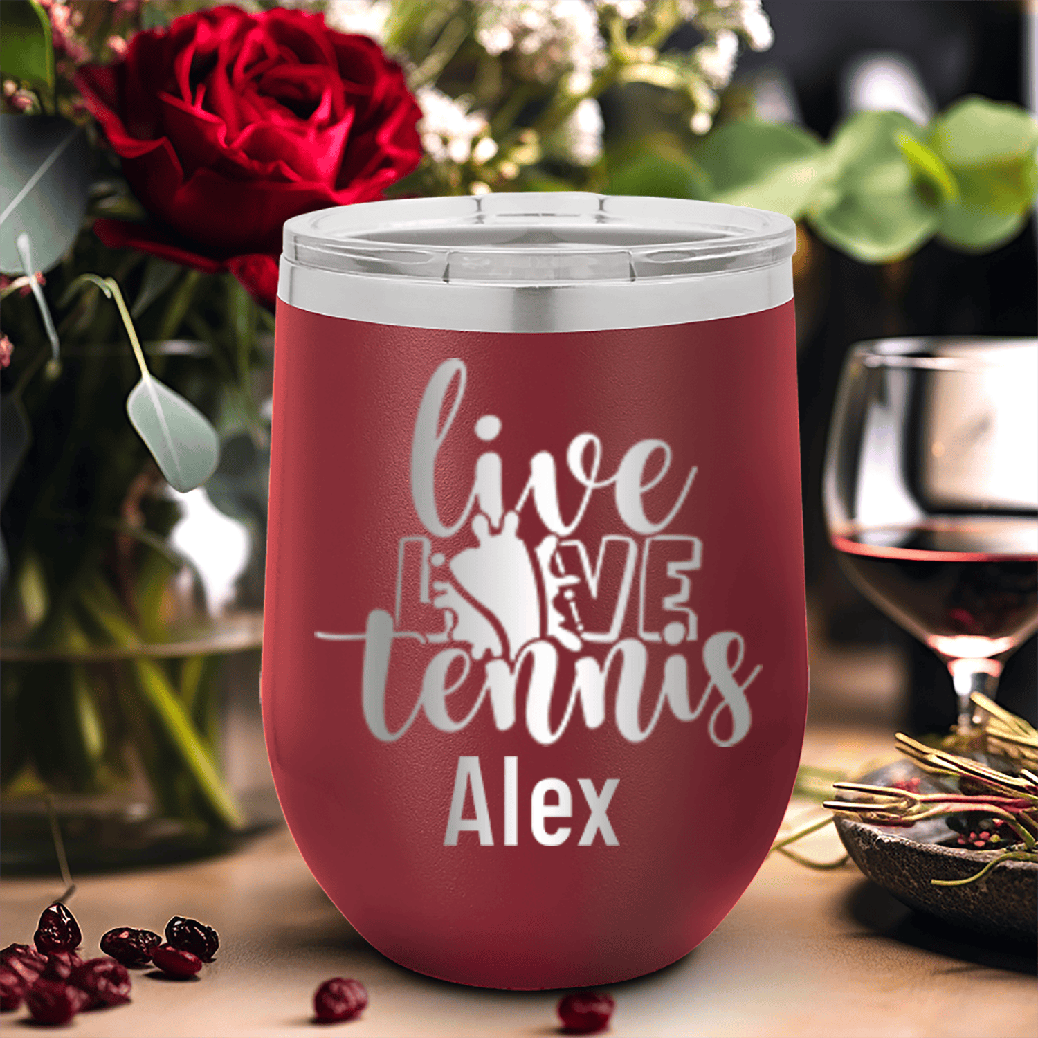 Maroon Tennis For Her Wine Tumbler With Live Love Tennis Design