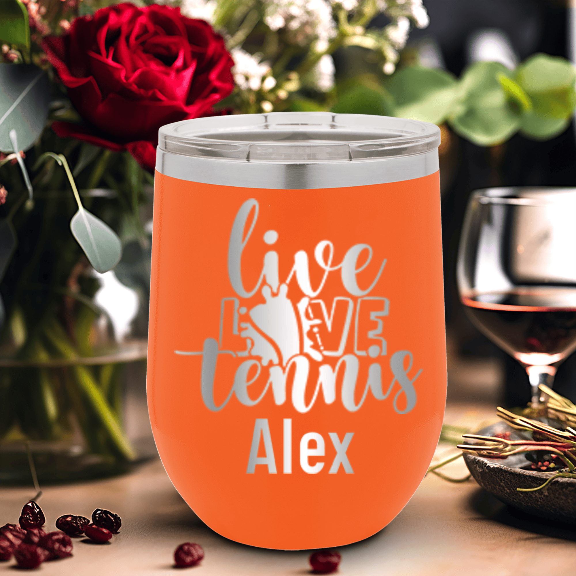 Orange Tennis For Her Wine Tumbler With Live Love Tennis Design