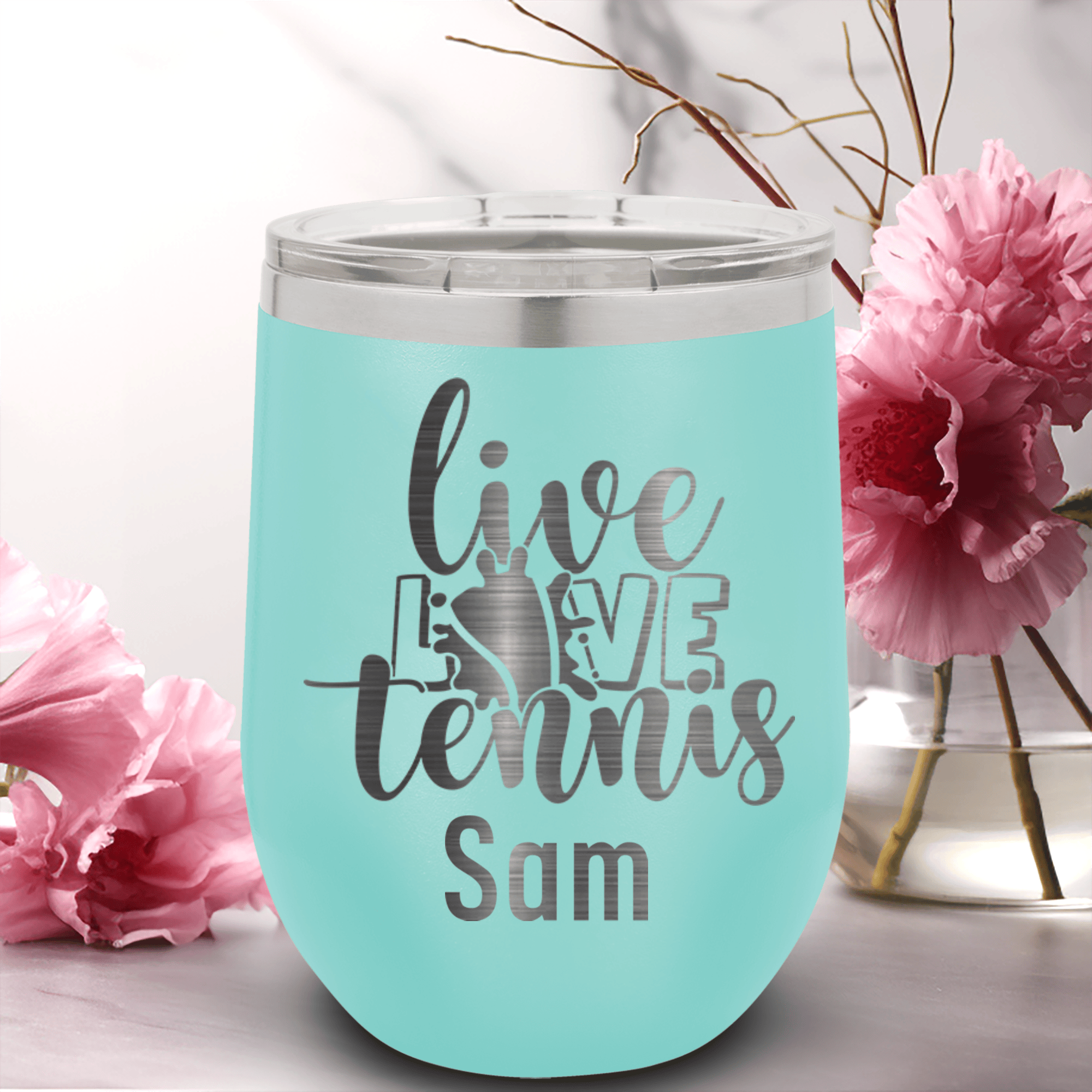 Teal Tennis For Her Wine Tumbler With Live Love Tennis Design