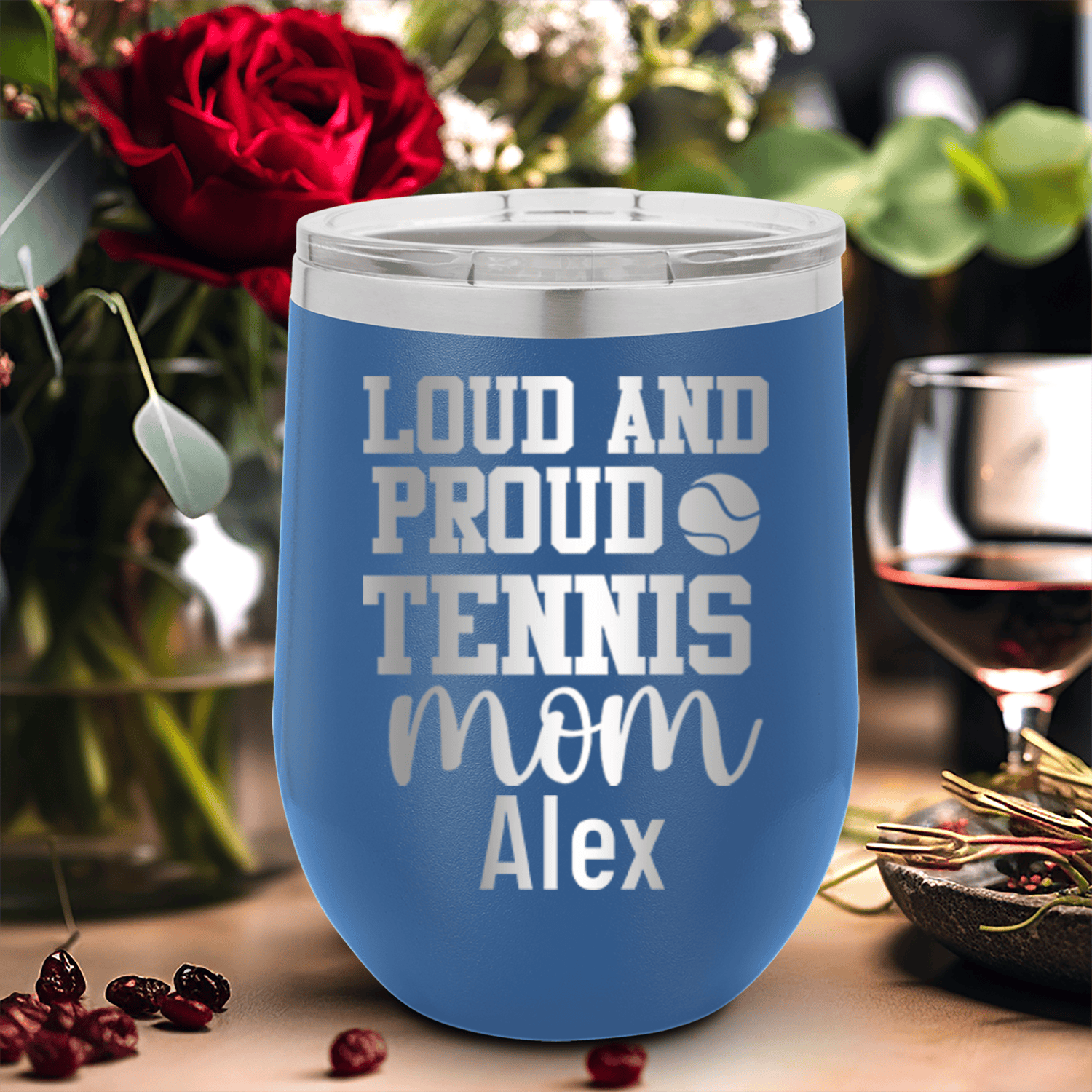 Blue Tennis For Her Wine Tumbler With Loud And Proud Tennis Mom Design