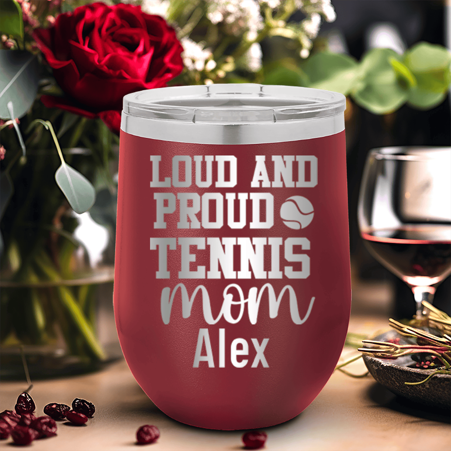 Maroon Tennis For Her Wine Tumbler With Loud And Proud Tennis Mom Design